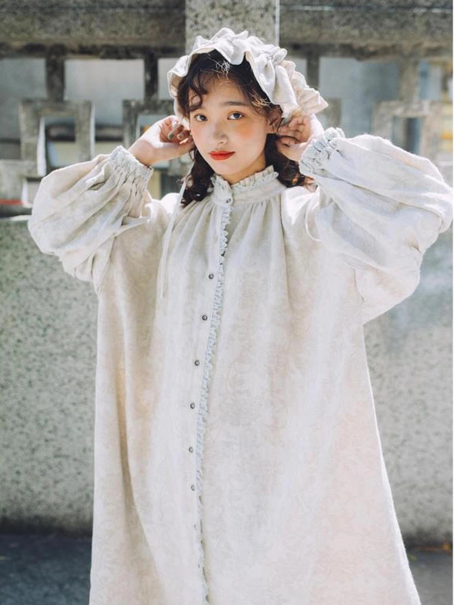 Vintage French Honey Lace Cotton Linen Dress Free Size Autumn Winter