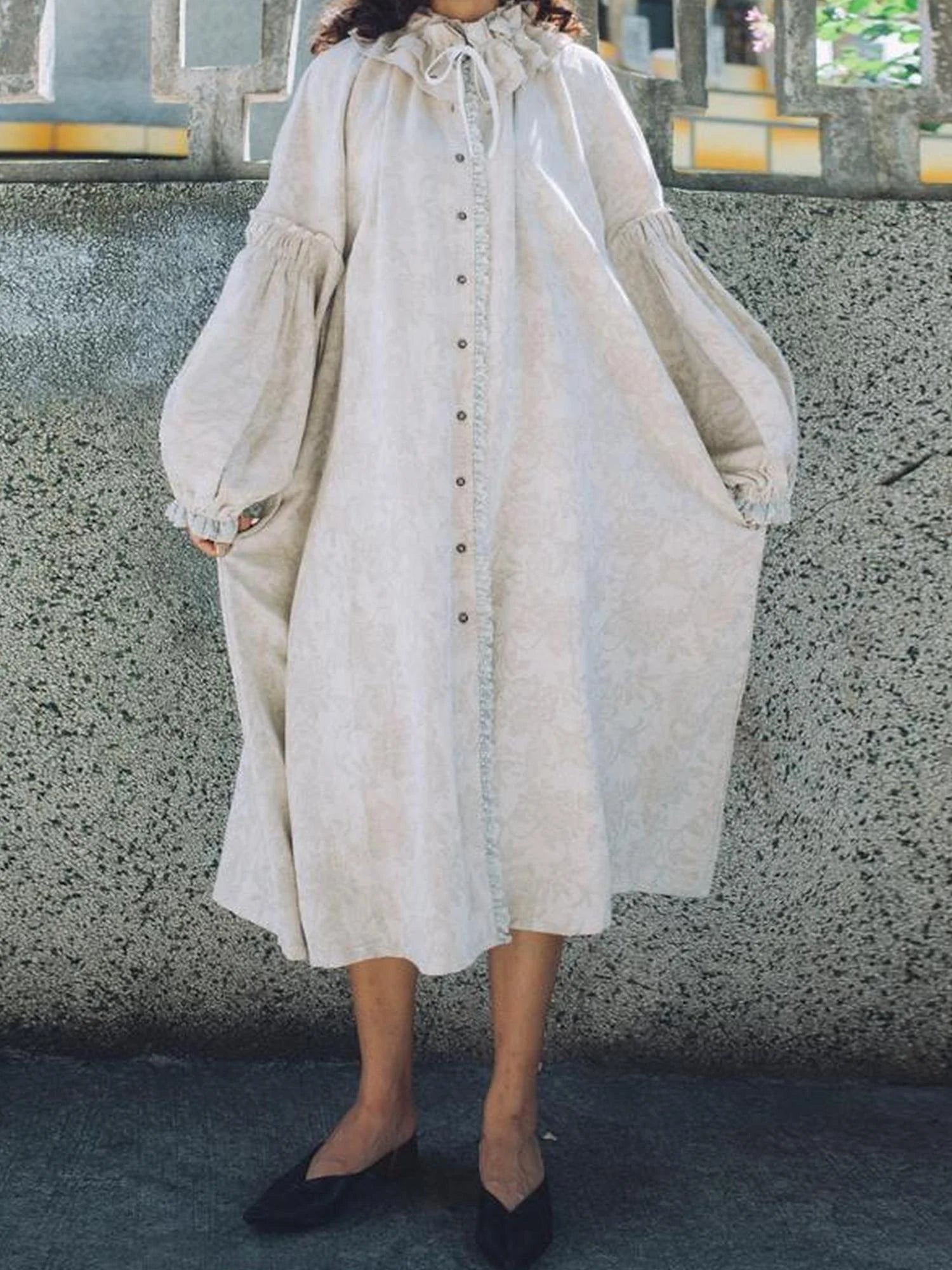 Vintage French Honey Lace Cotton Linen Dress Free Size Autumn Winter