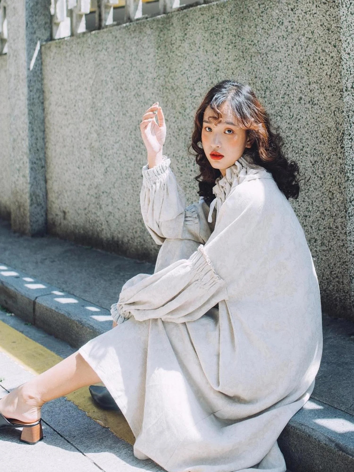 Vintage French Honey Lace Cotton Linen Dress Free Size Autumn Winter