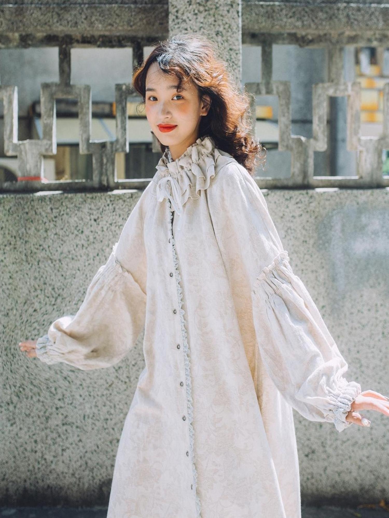 Sweet Mi Vintage French Honey Lace Cotton Linen Dress Free Size Autumn Winter
