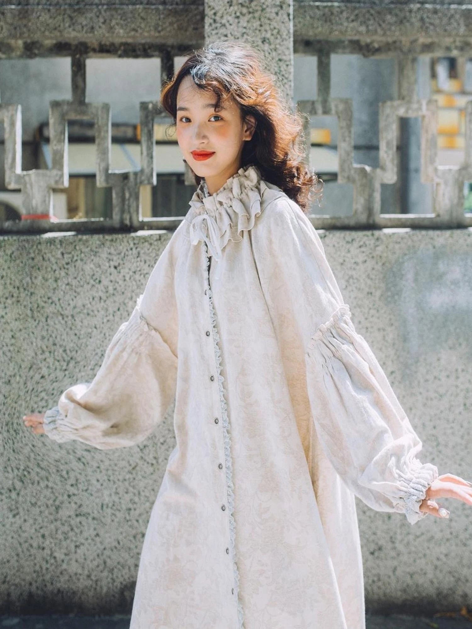 Vintage French Honey Lace Cotton Linen Dress Free Size Autumn Winter