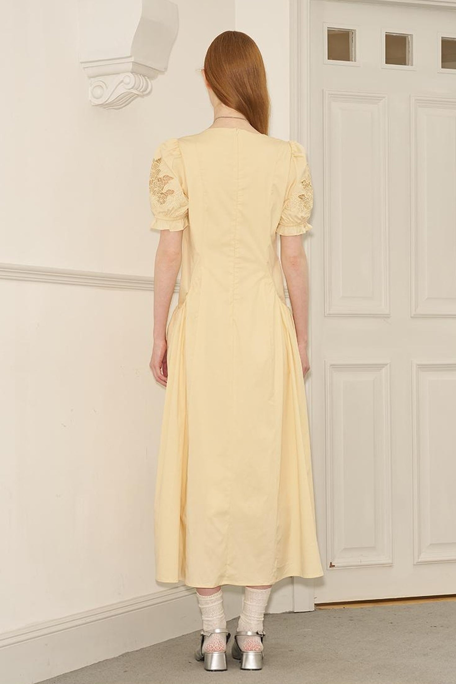 DIDDI MODA Vintage French Puff Sleeve Lace Trim Embroidered Maxi Dress