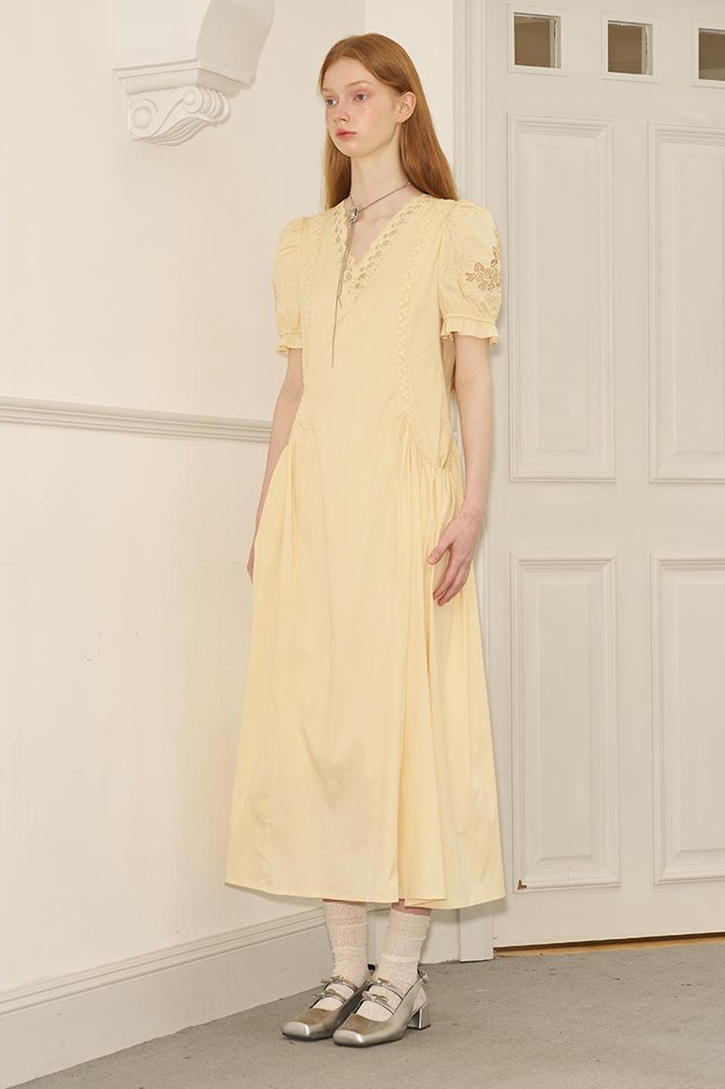 DIDDI MODA Vintage French Puff Sleeve Lace Trim Embroidered Maxi Dress