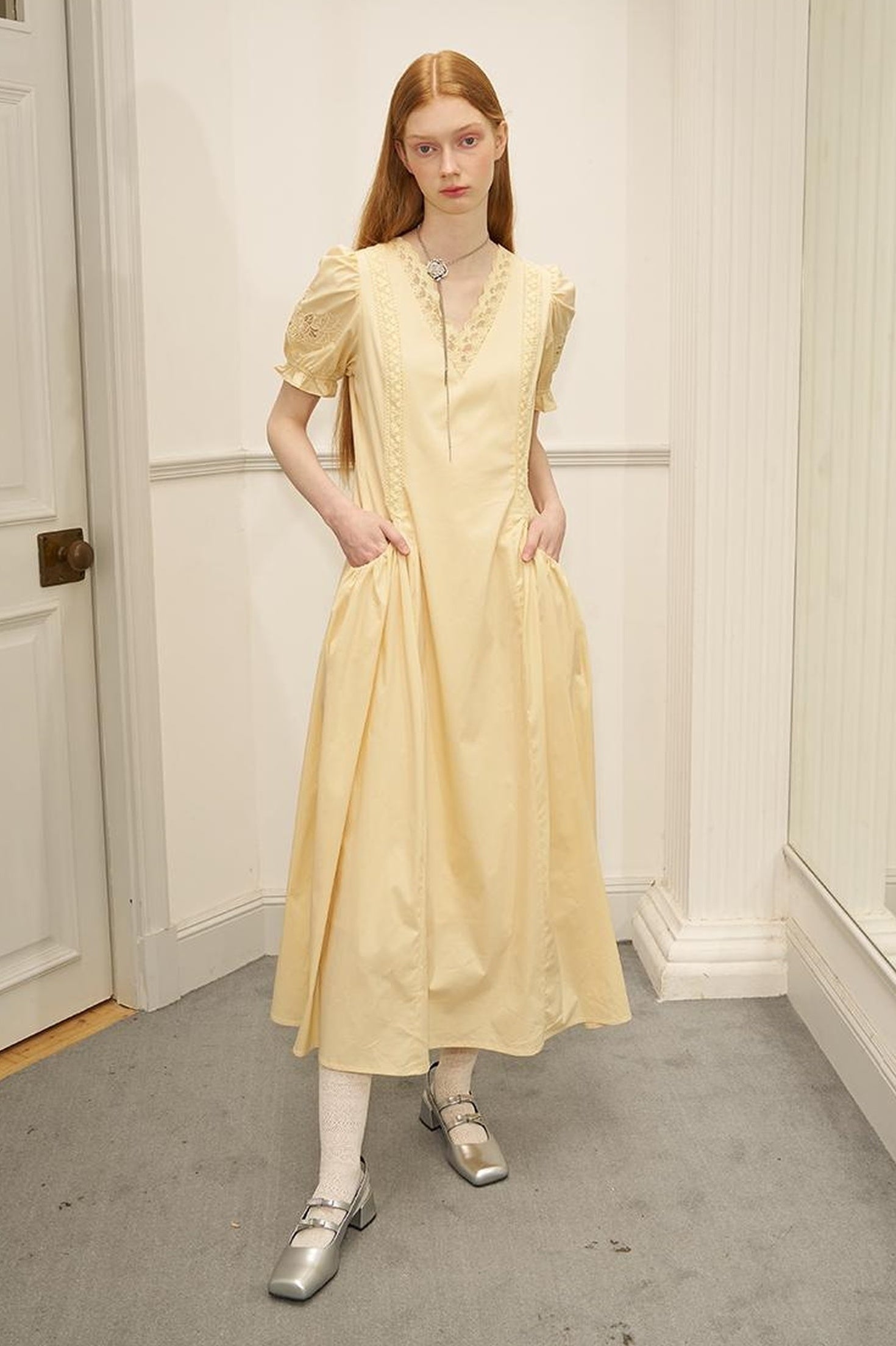 Vintage French Puff Sleeve Lace Trim Embroidered Maxi Dress