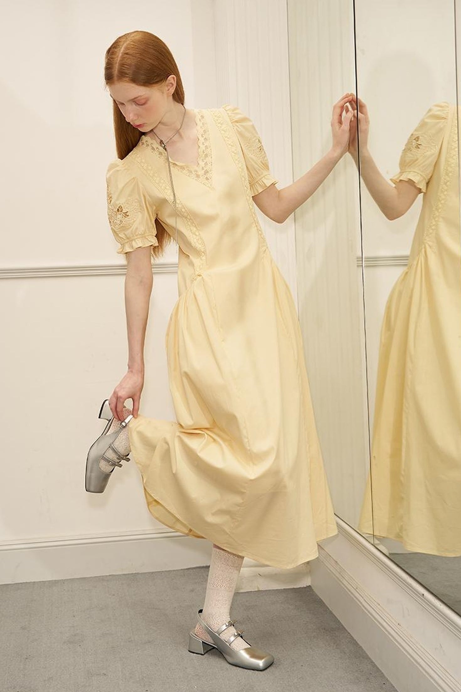 DIDDI MODA Vintage French Puff Sleeve Lace Trim Embroidered Maxi Dress