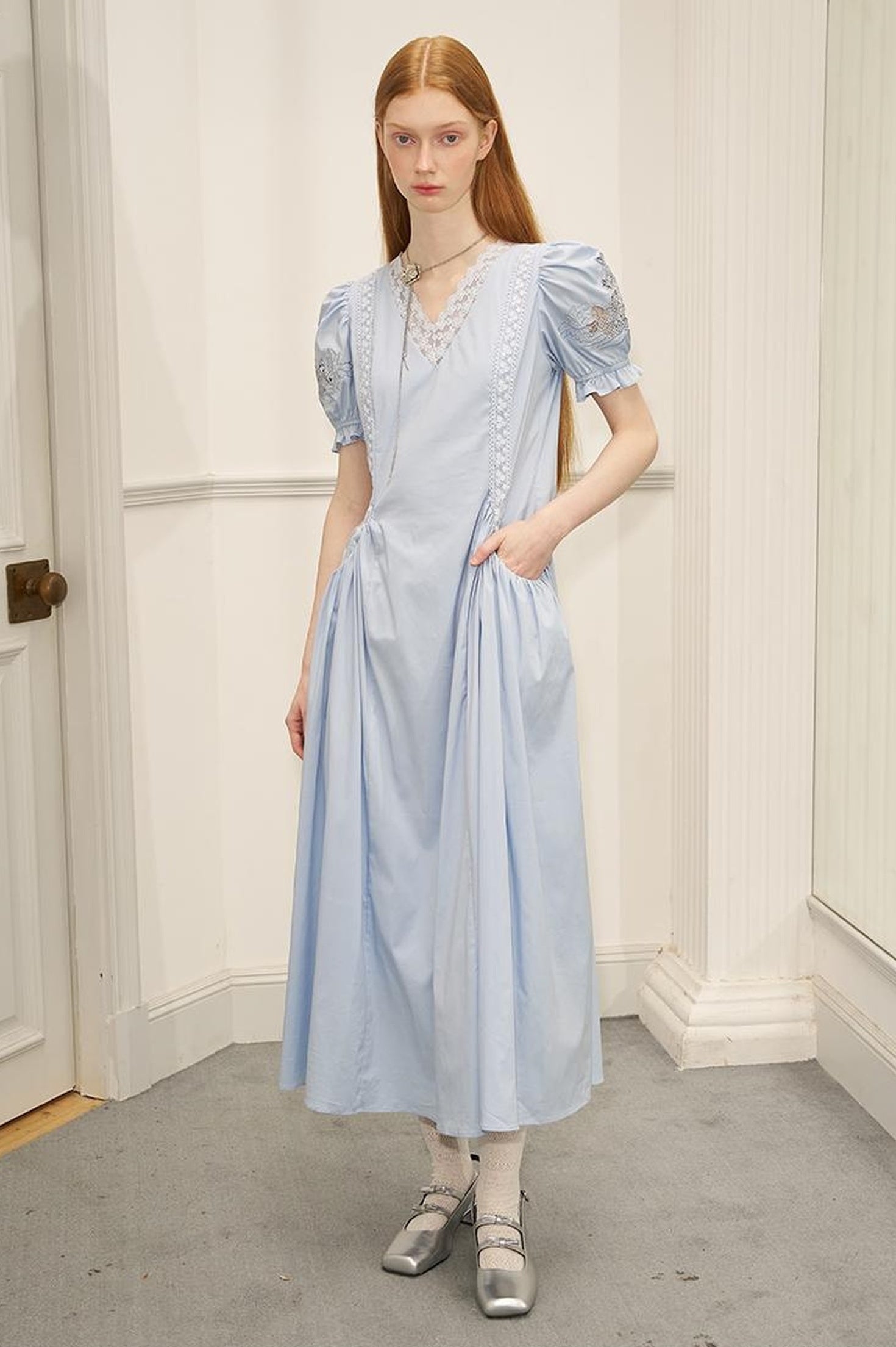 Vintage French Puff Sleeve Lace Trim Embroidered Maxi Dress