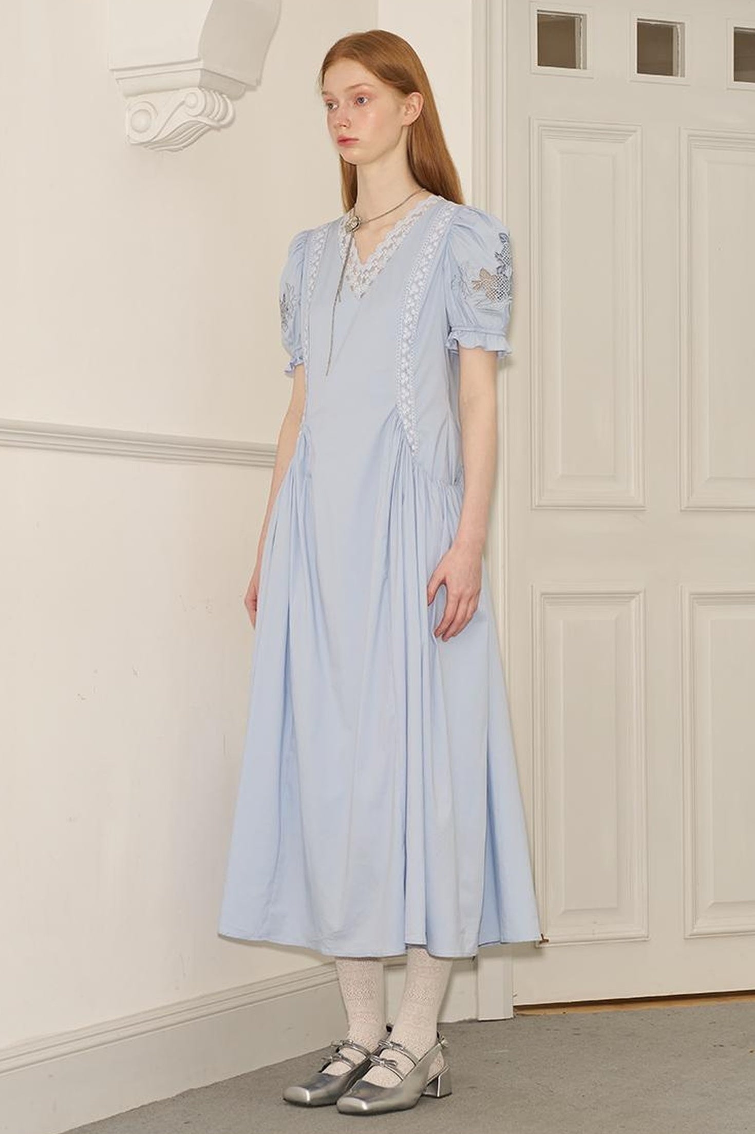 Vintage French Puff Sleeve Lace Trim Embroidered Maxi Dress