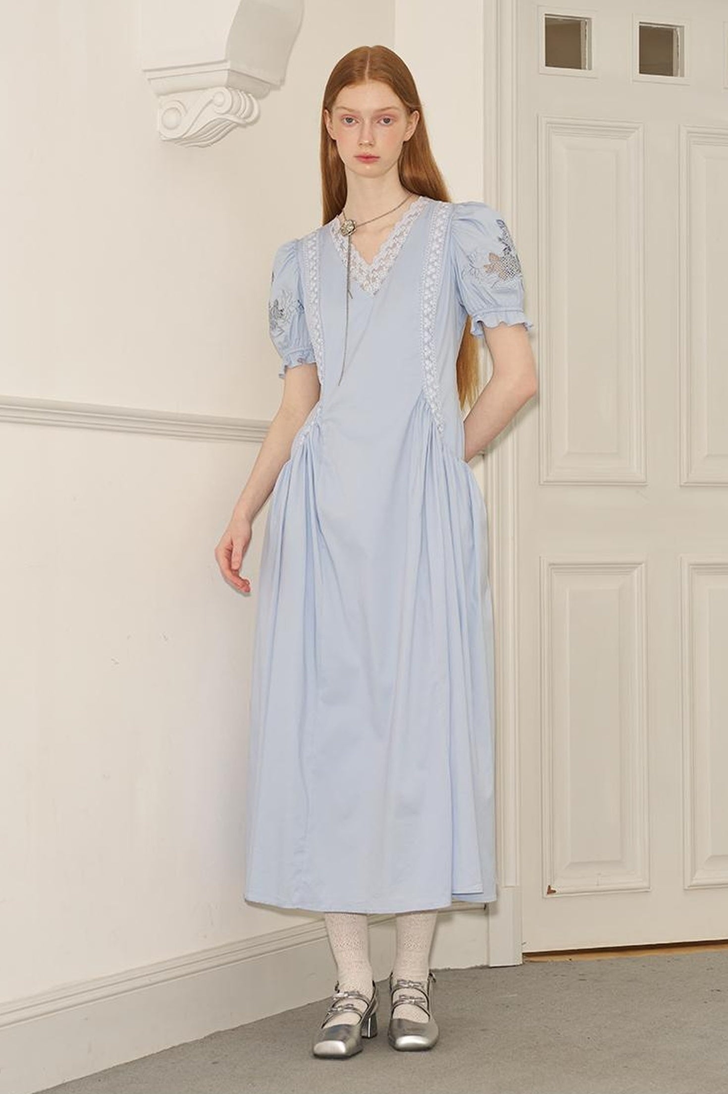 DIDDI MODA Vintage French Puff Sleeve Lace Trim Embroidered Maxi Dress