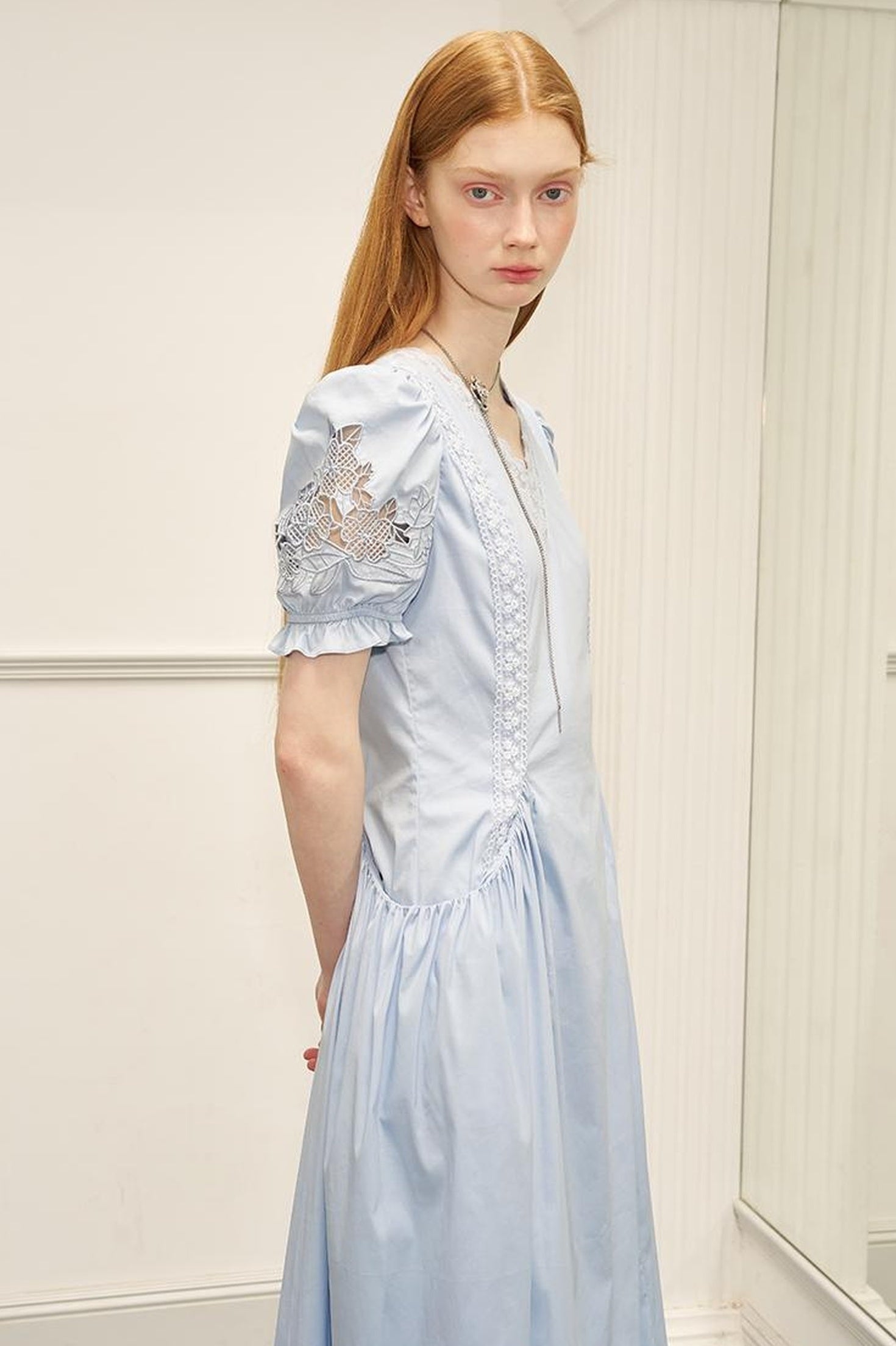 DIDDI MODA Vintage French Puff Sleeve Lace Trim Embroidered Maxi Dress