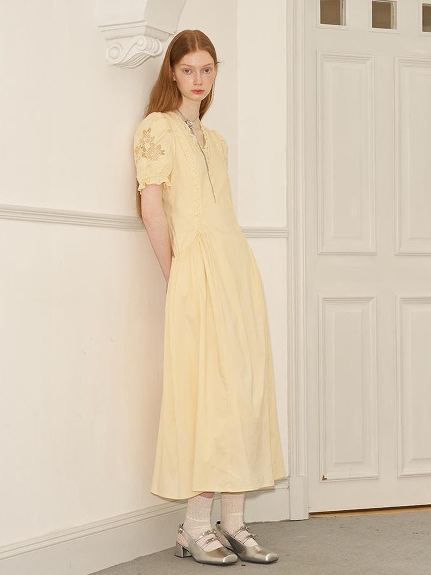 Vintage French Puff Sleeve Lace Trim Embroidered Maxi Dress