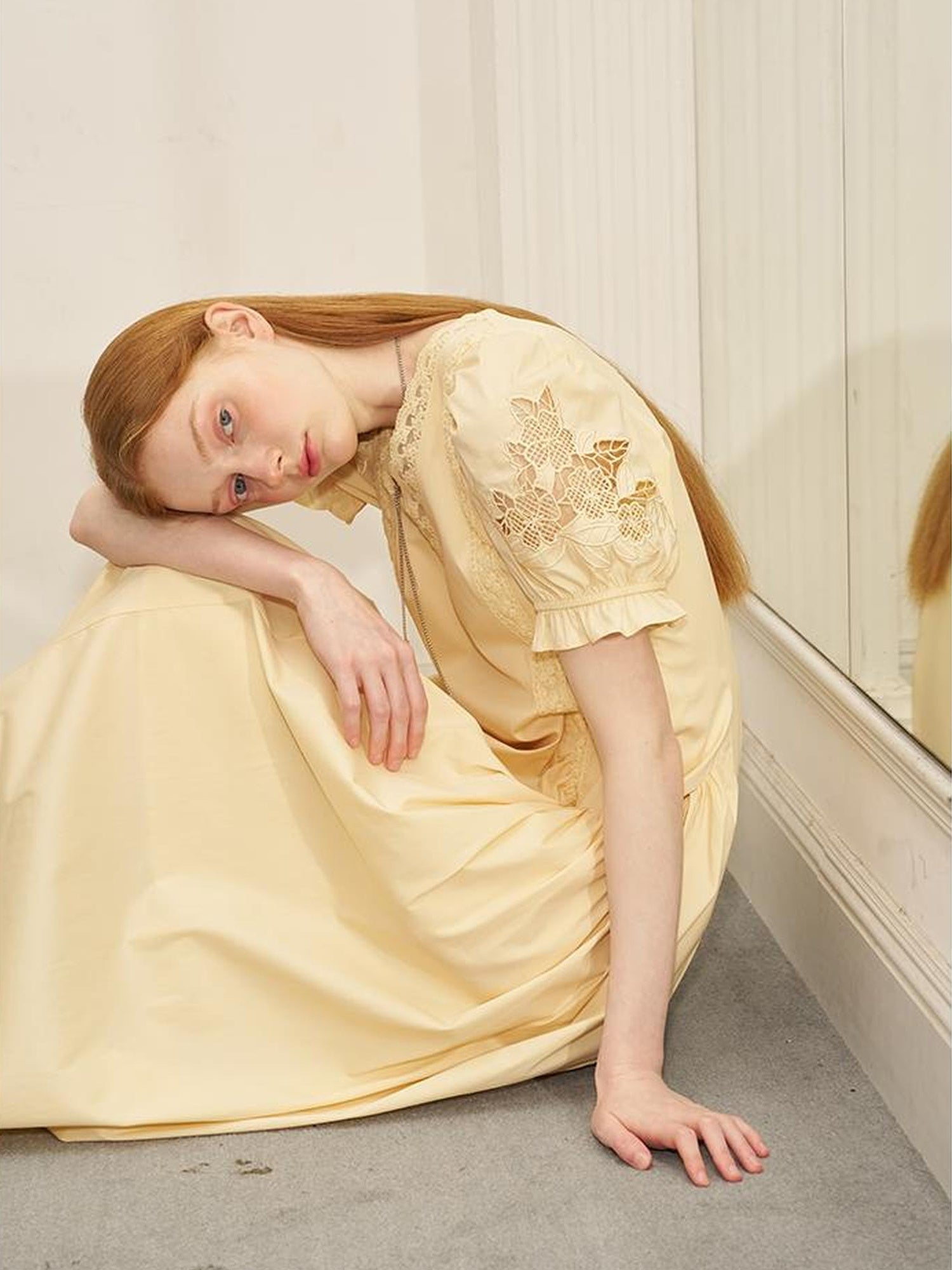 Vintage French Puff Sleeve Lace Trim Embroidered Maxi Dress