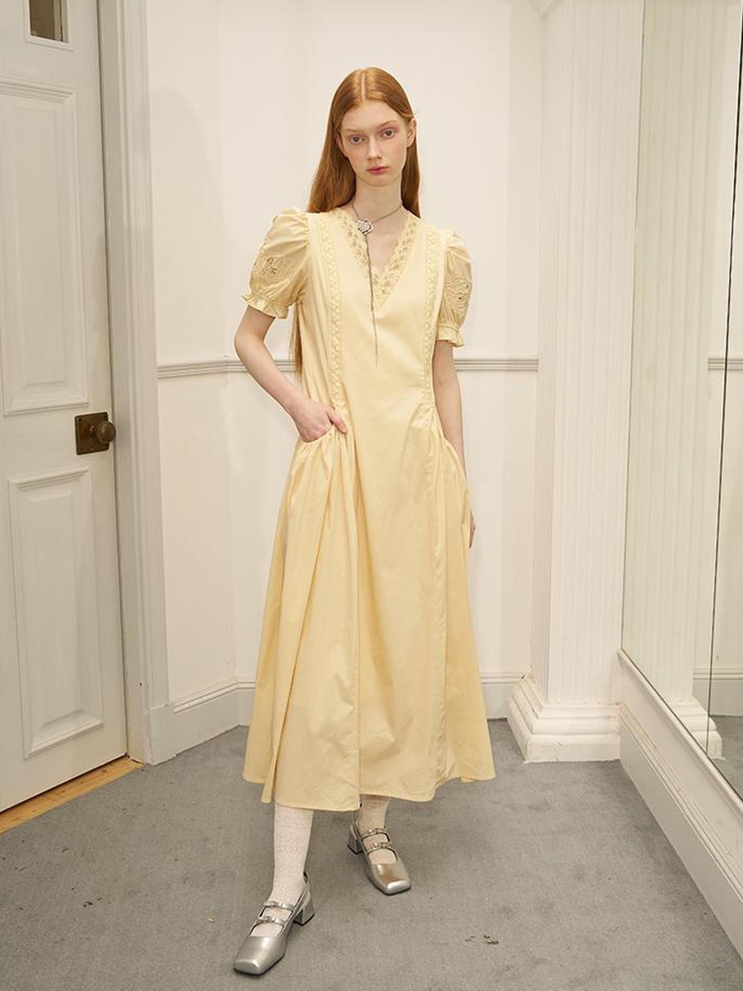 Vintage French Puff Sleeve Lace Trim Embroidered Maxi Dress