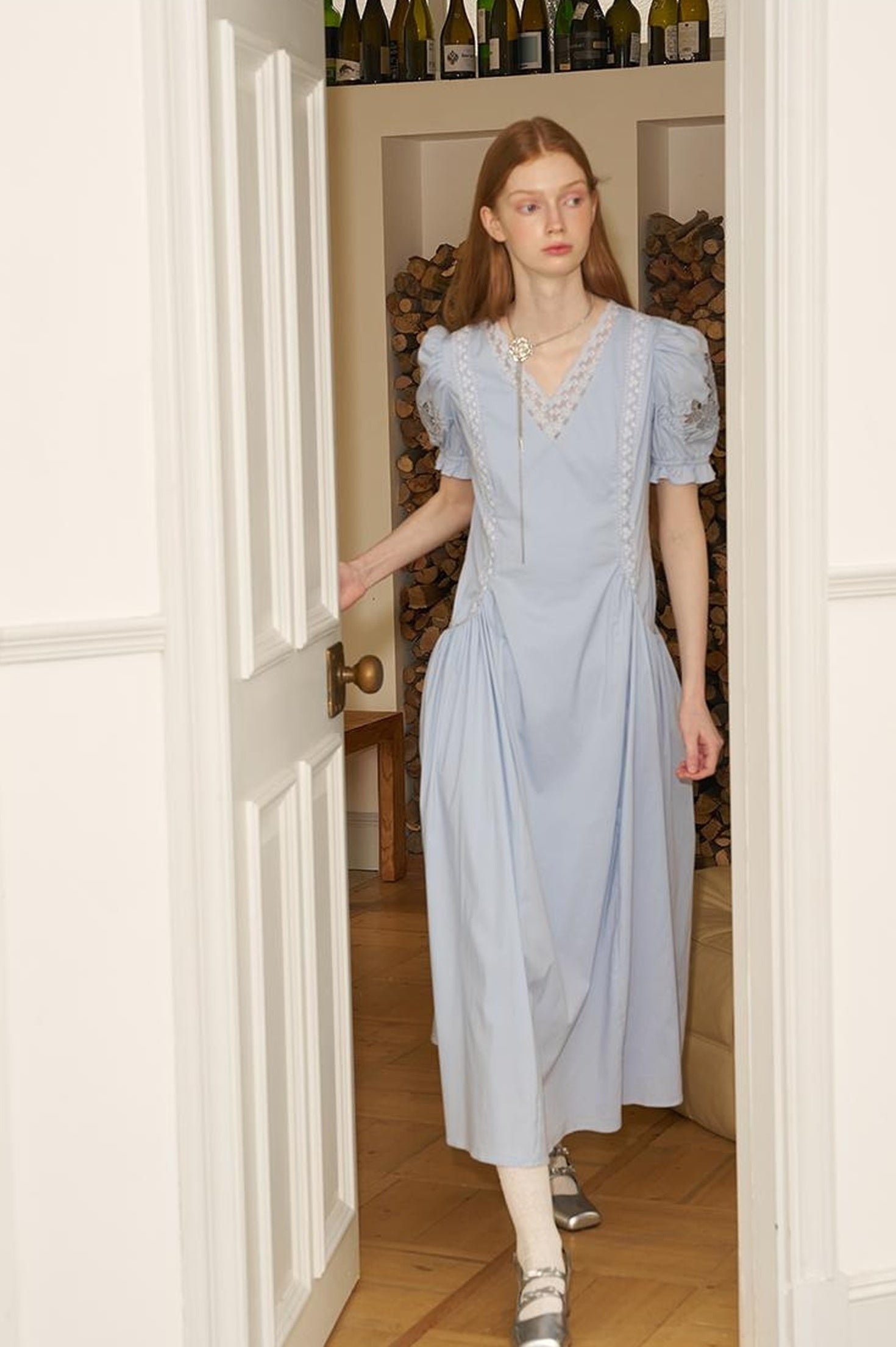 Vintage French Puff Sleeve Lace Trim Embroidered Maxi Dress