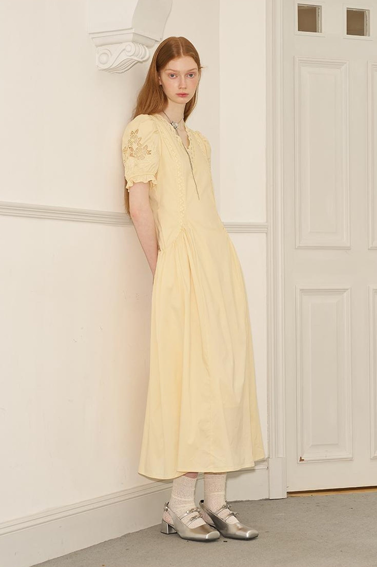 Vintage French Puff Sleeve Lace Trim Embroidered Maxi Dress