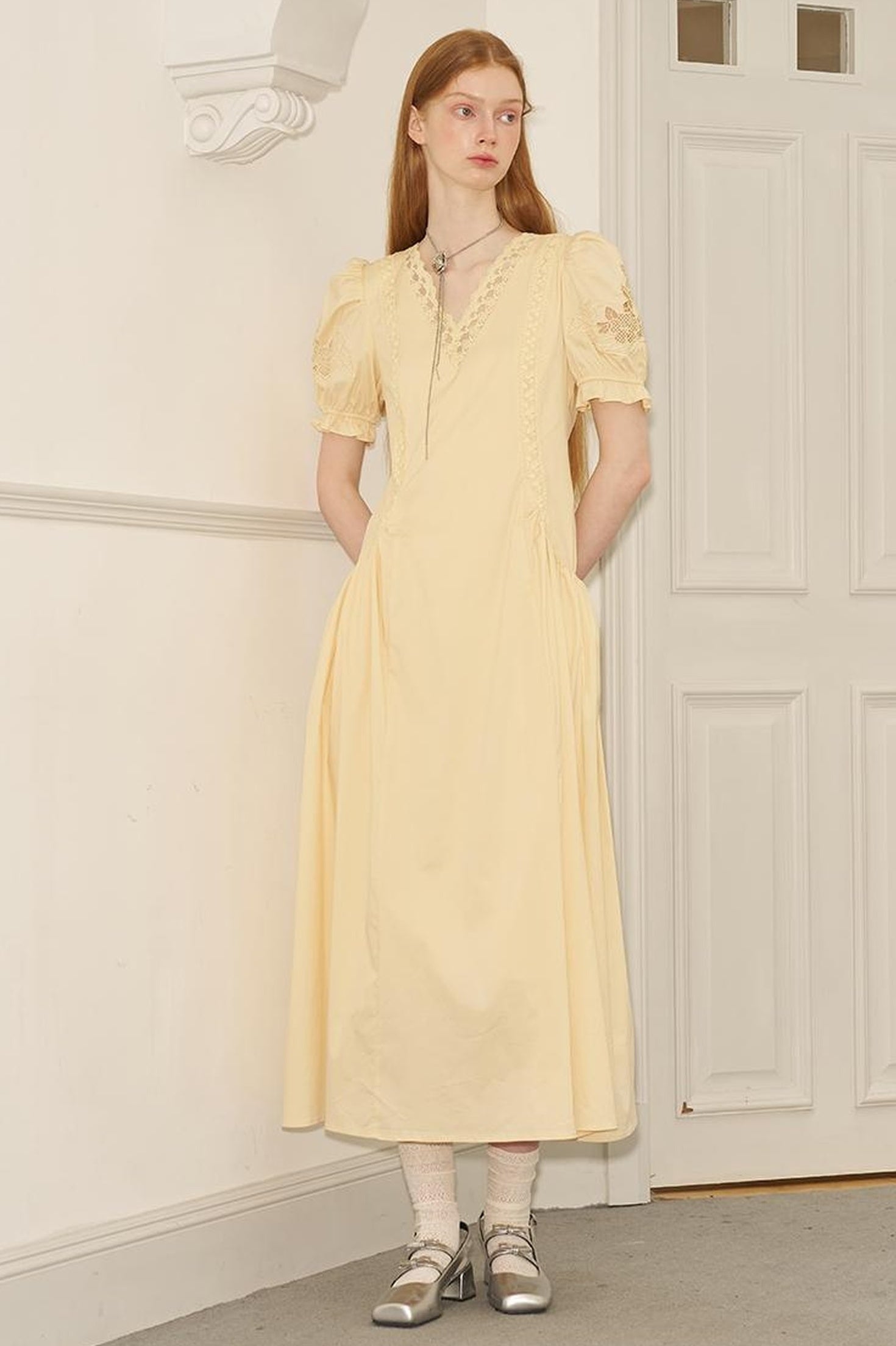 Vintage French Puff Sleeve Lace Trim Embroidered Maxi Dress