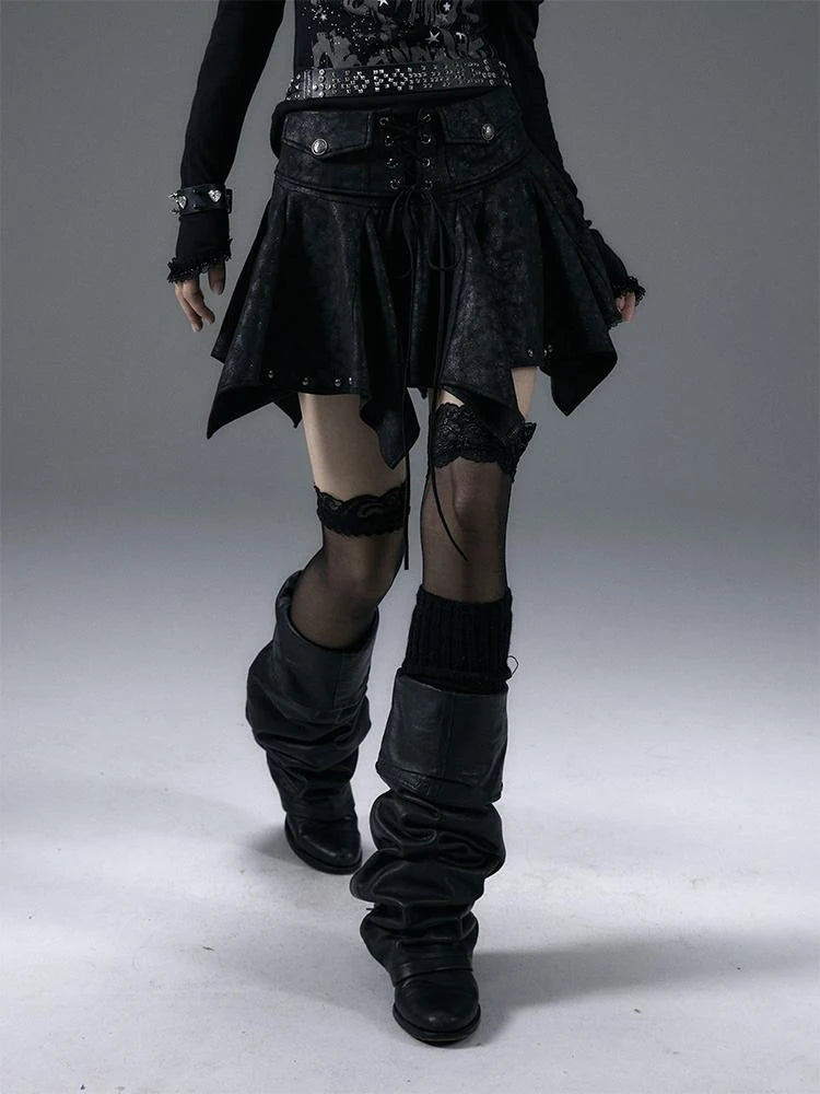 Vintage Gothic Punk Studded Asymmetric Leather Mini Skirt