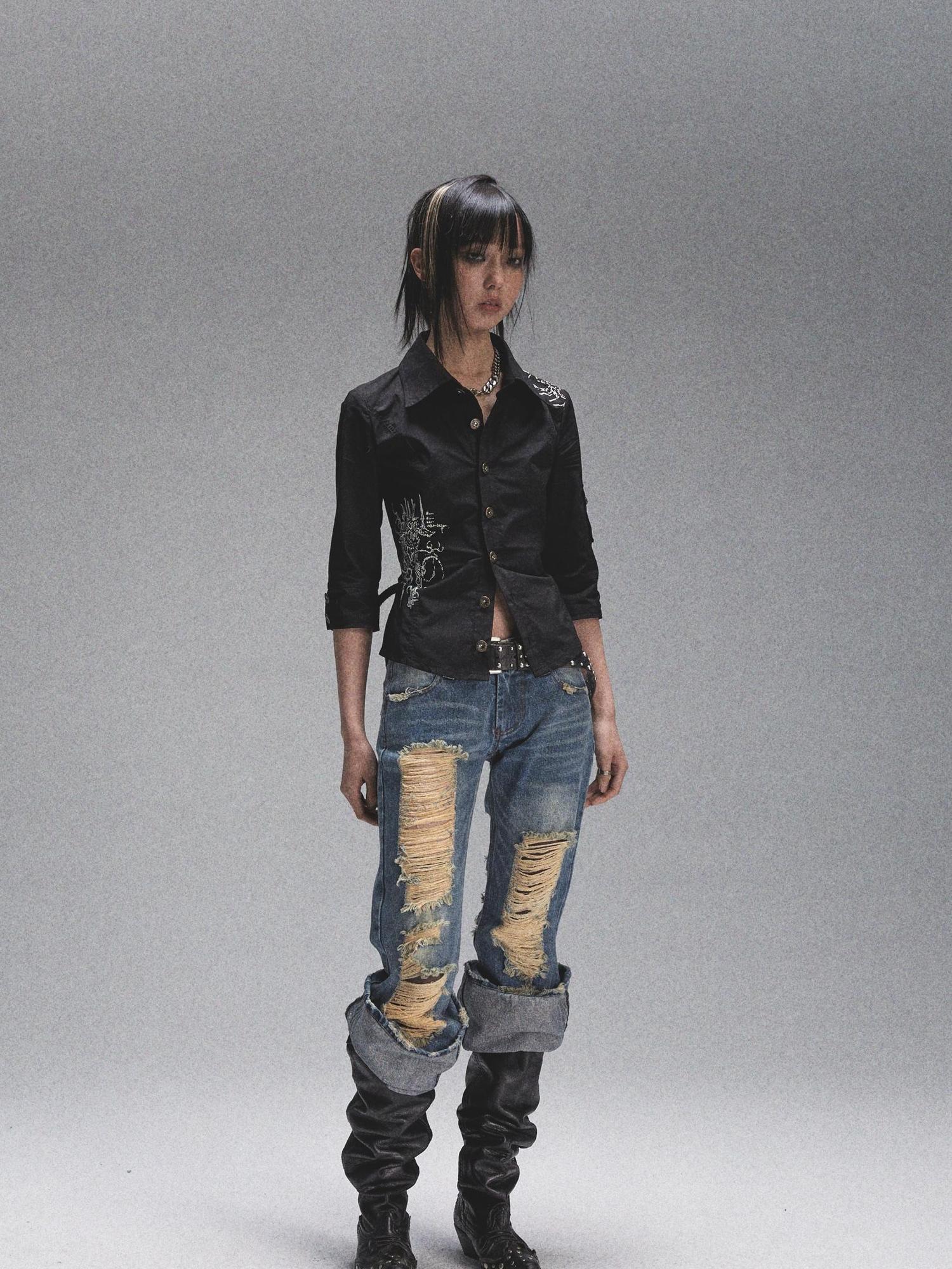 NONAME SPACE Vintage Heavy Washed Distressed Flared Jeans