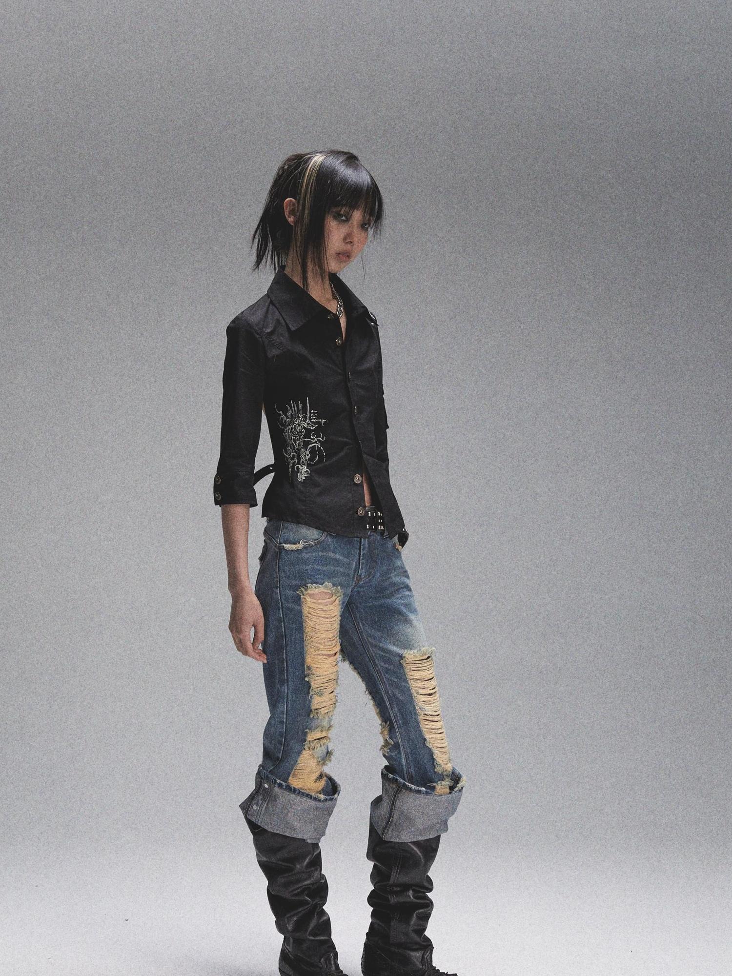 NONAME SPACE Vintage Heavy Washed Distressed Flared Jeans