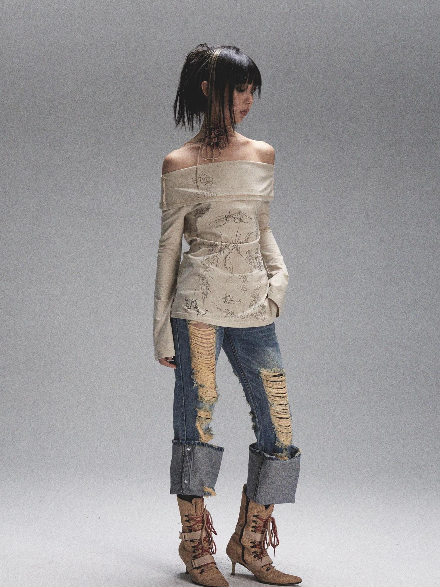 NONAME SPACE Vintage Heavy Washed Distressed Flared Jeans