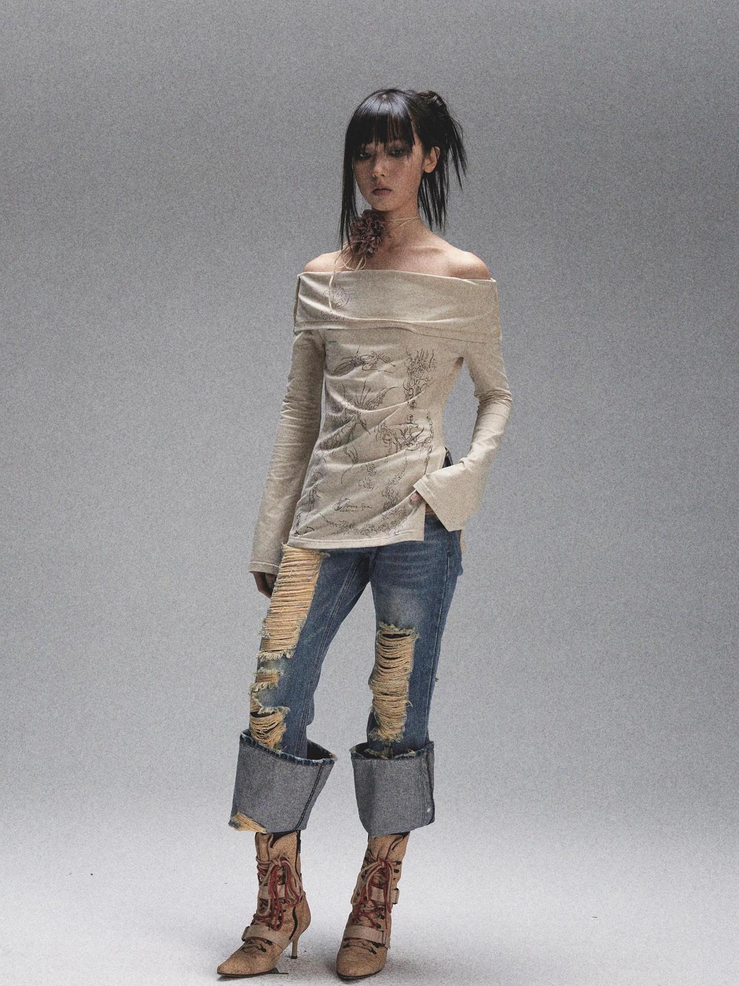 NONAME SPACE Vintage Heavy Washed Distressed Flared Jeans