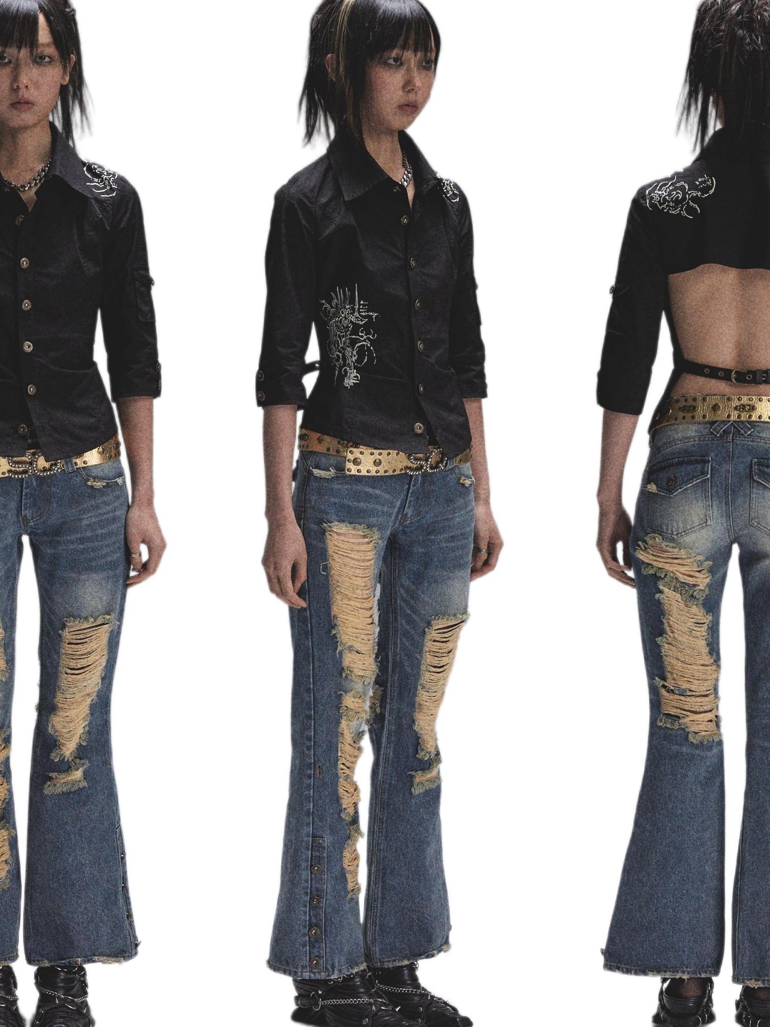 NONAME SPACE Vintage Heavy Washed Distressed Flared Jeans