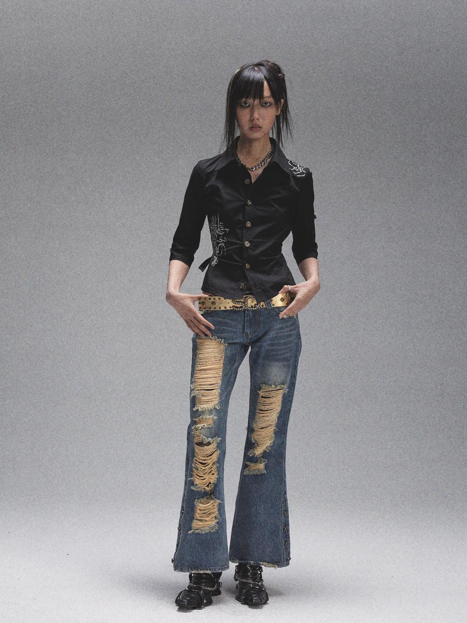 NONAME SPACE Vintage Heavy Washed Distressed Flared Jeans