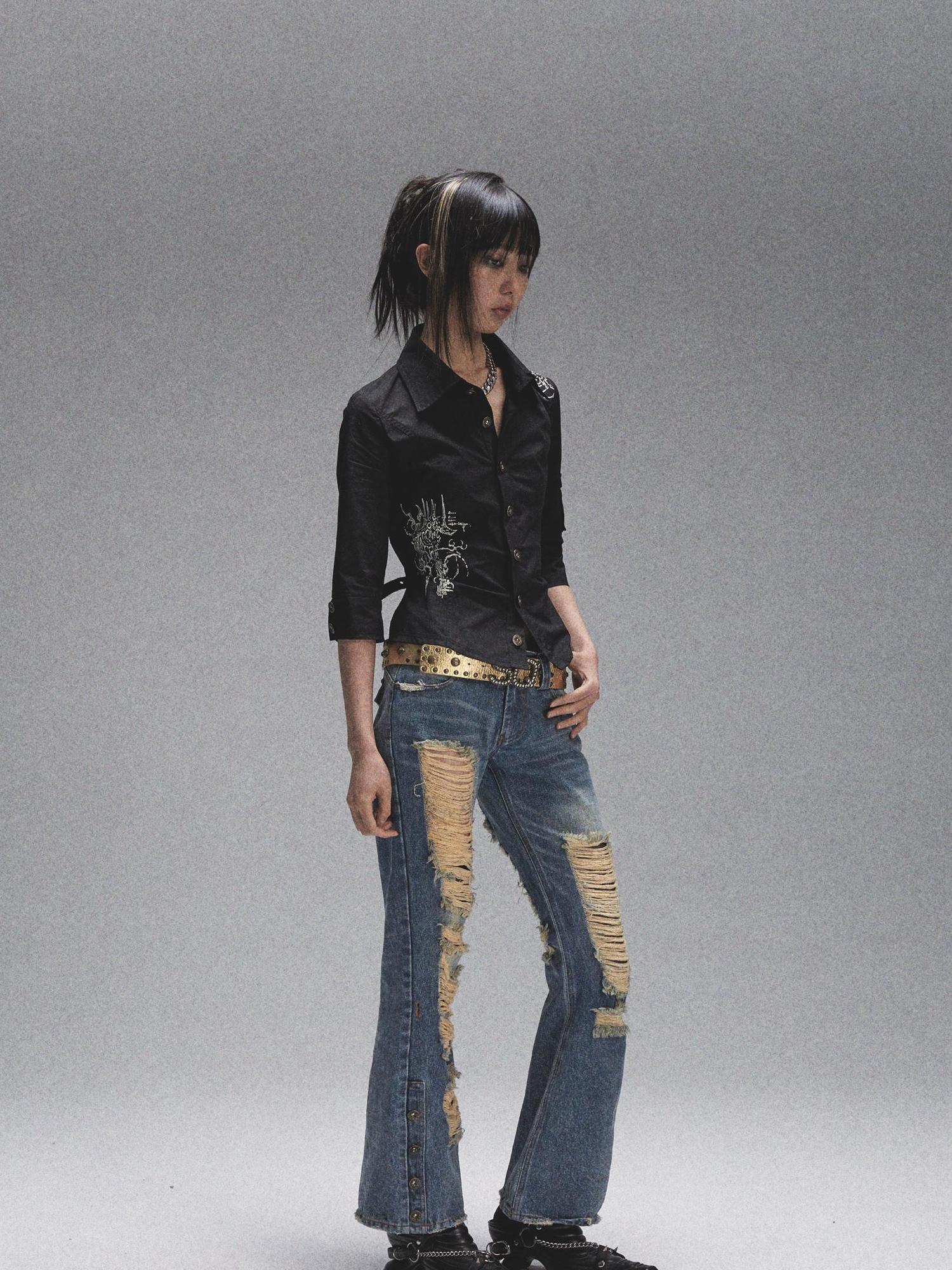 NONAME SPACE Vintage Heavy Washed Distressed Flared Jeans