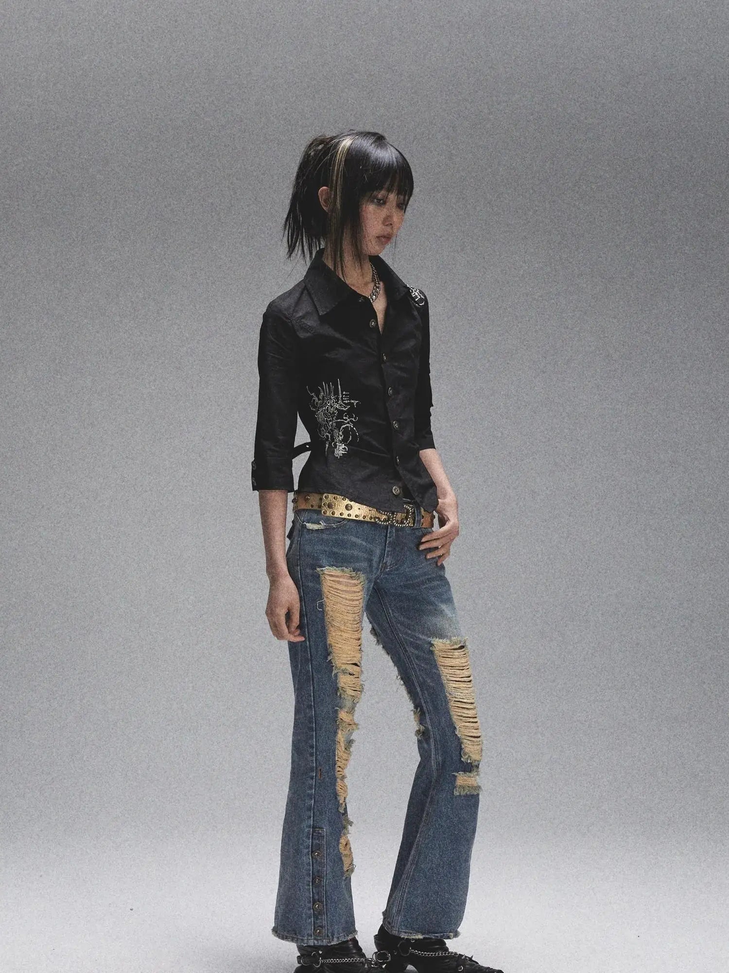 Vintage Heavy Washed Distressed Flared Jeans