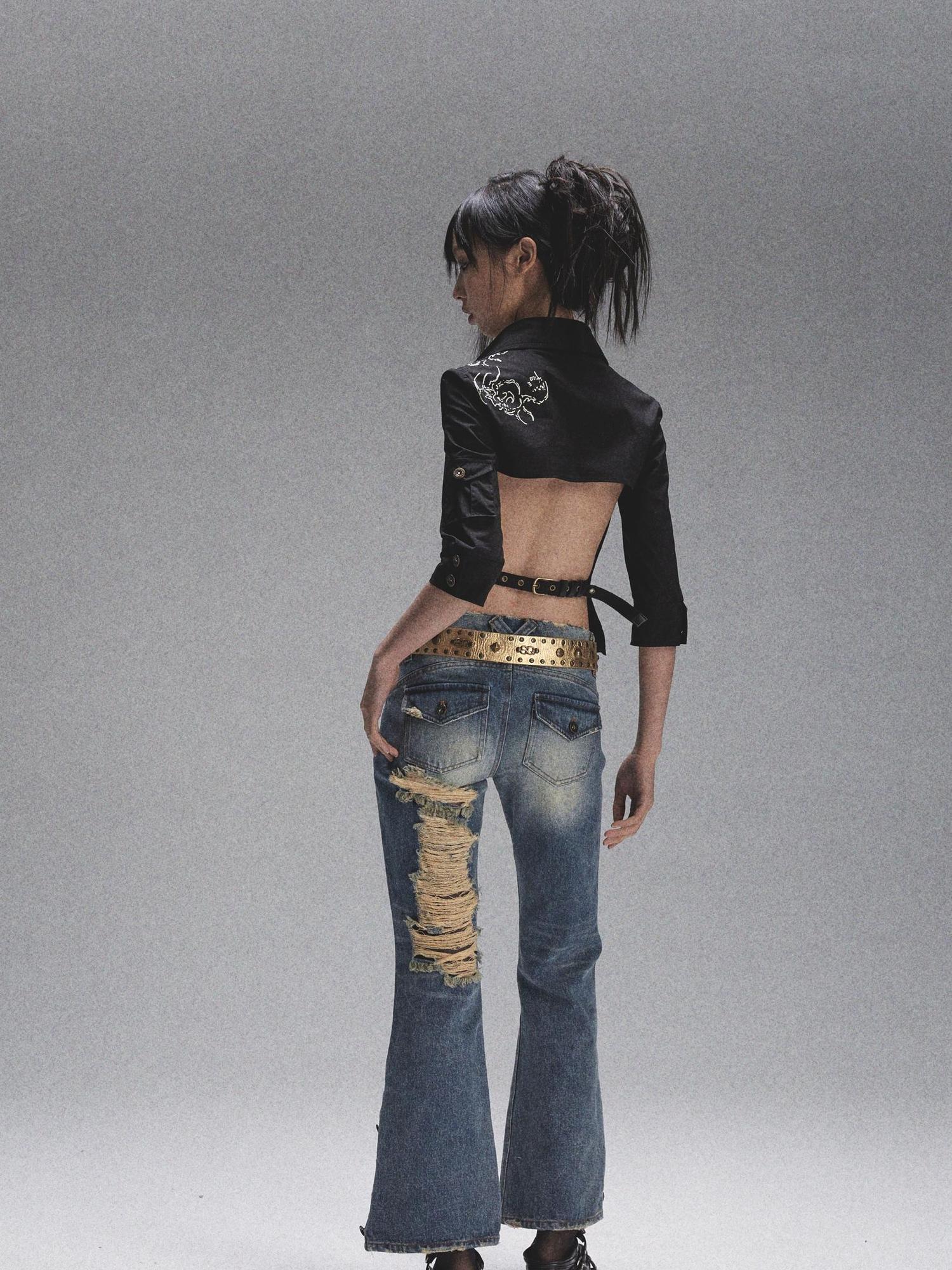 NONAME SPACE Vintage Heavy Washed Distressed Flared Jeans