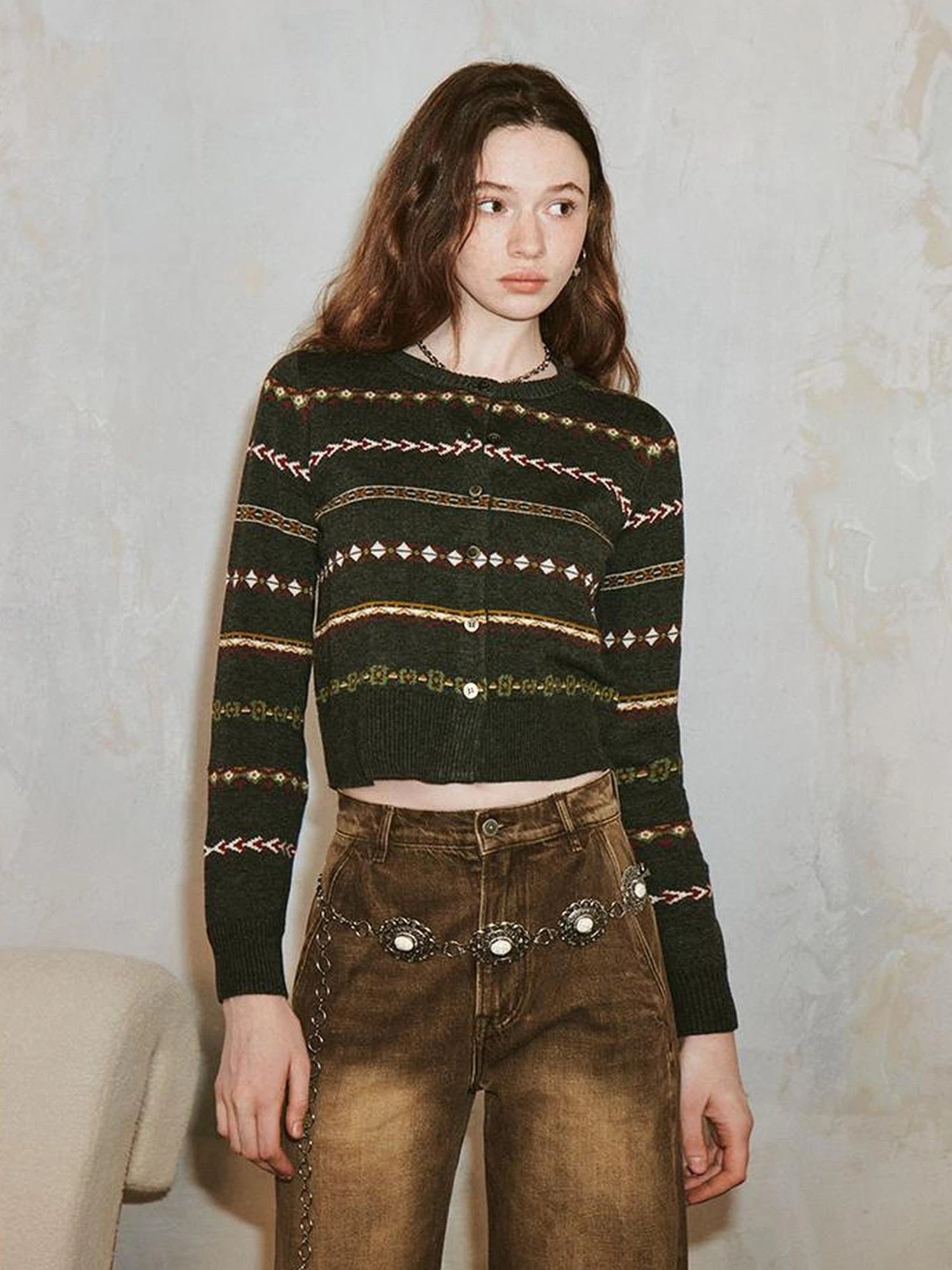 Vintage Icelandic Fair Isle Cropped Cardigan