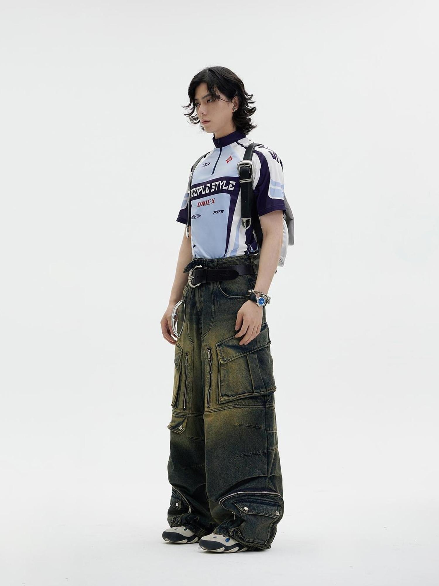 Peoplesense Vintage Industrial Washed Wide Leg Cargo Jeans