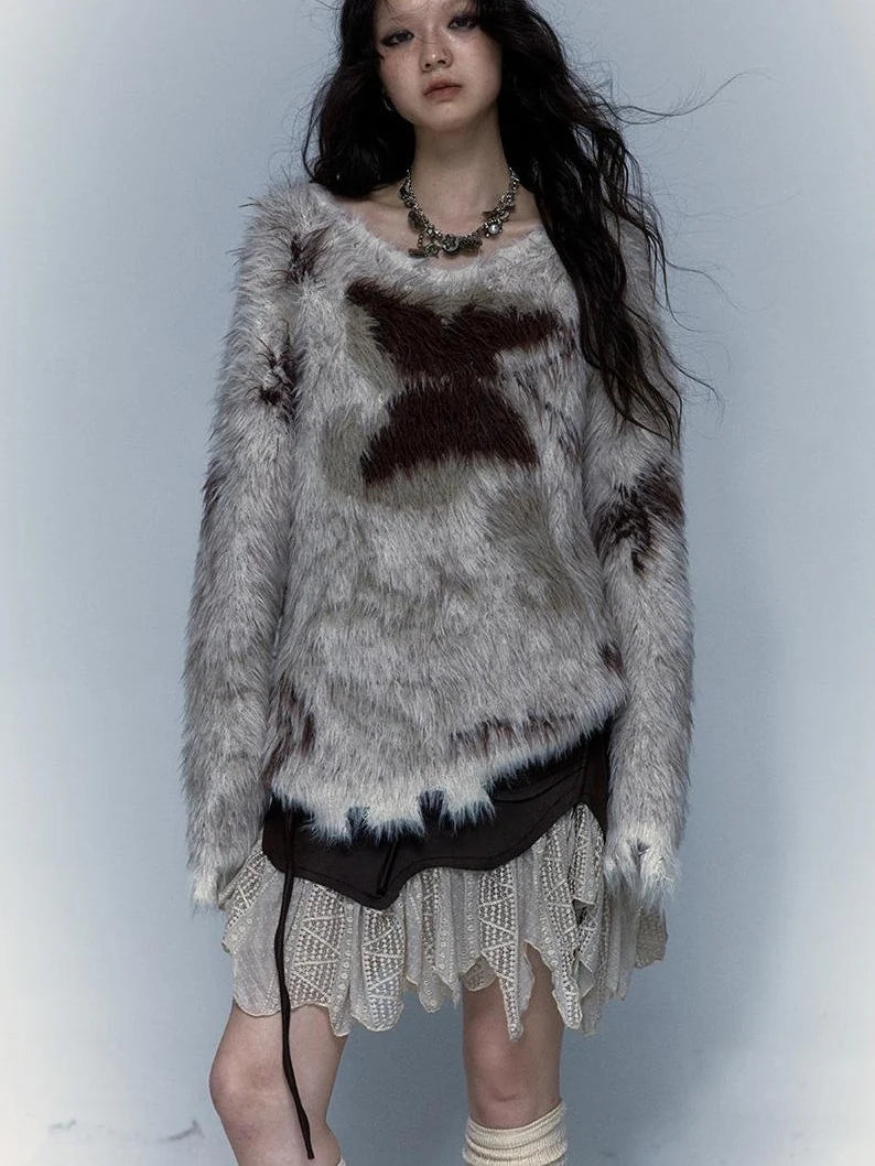 Vintage Jacquard Faux Fur Lazy Knit Sweater