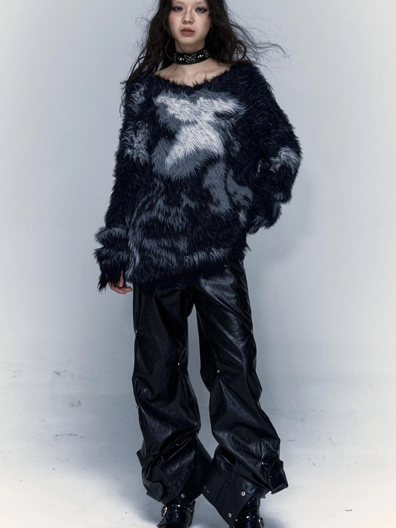 Vintage Jacquard Faux Fur Lazy Knit Sweater