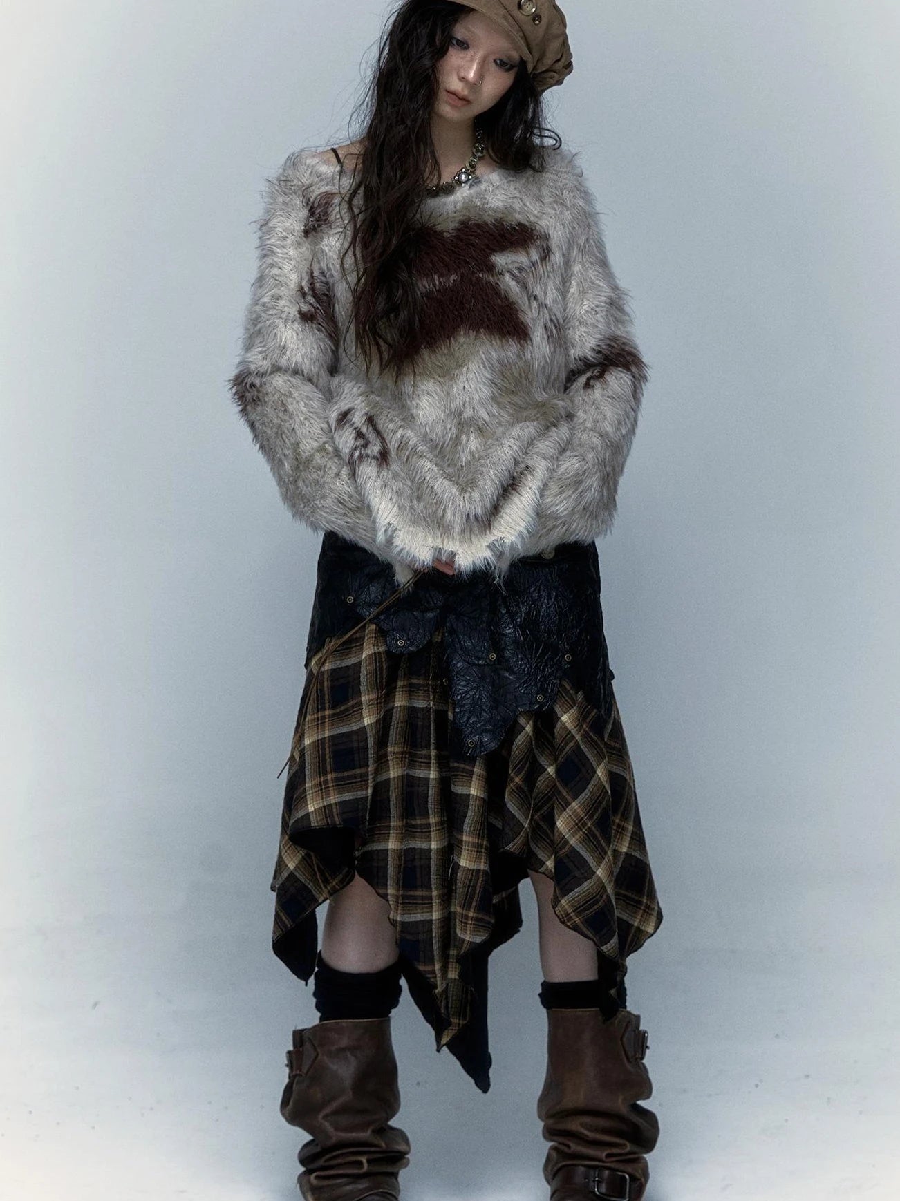 Vintage Jacquard Faux Fur Lazy Knit Sweater