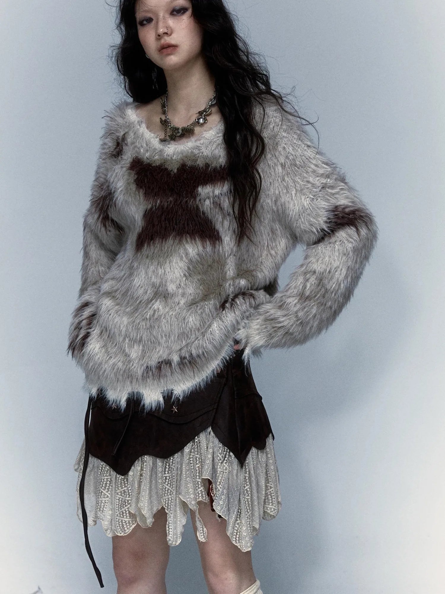 Vintage Jacquard Faux Fur Lazy Knit Sweater