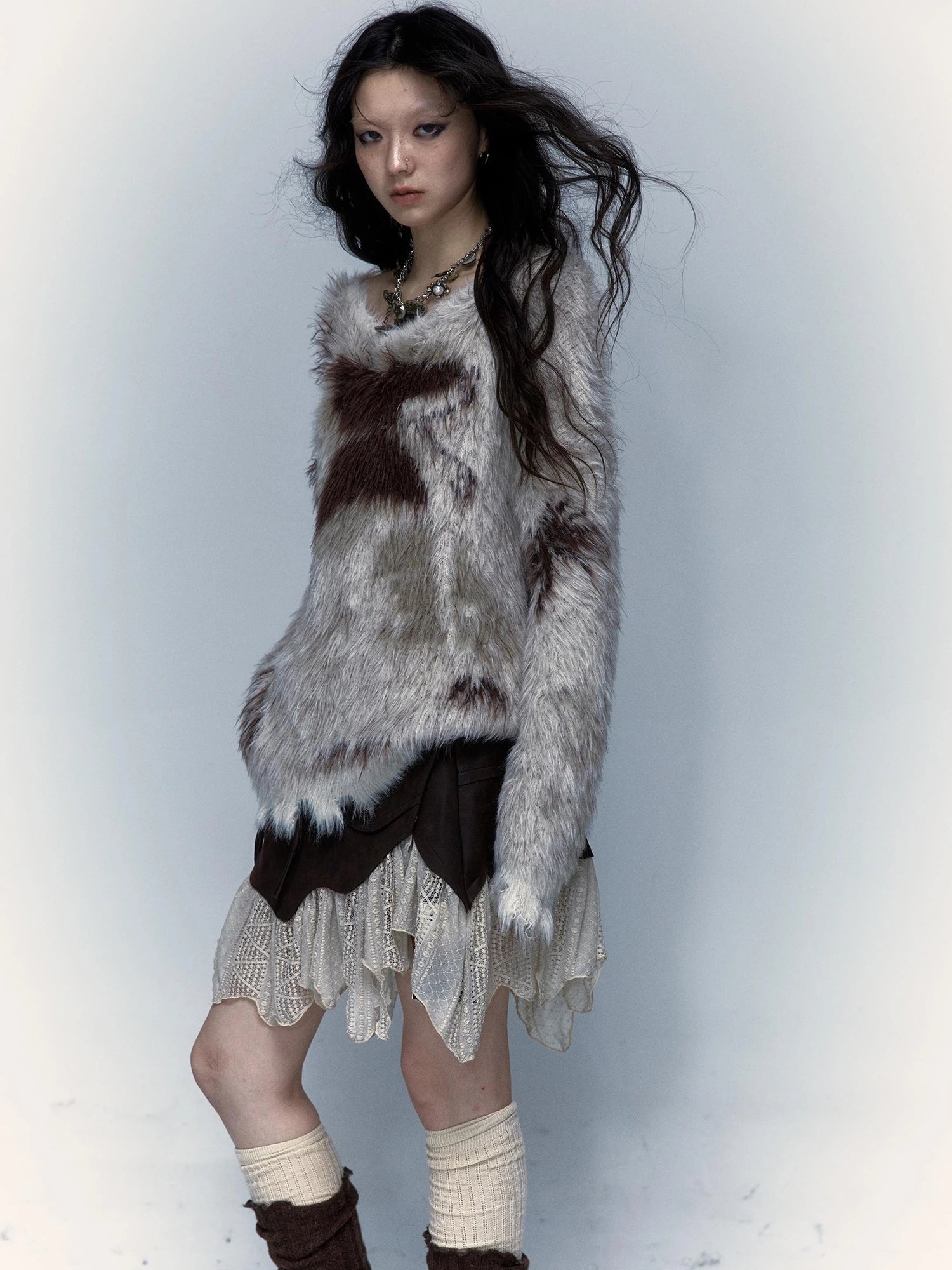 Vintage Jacquard Faux Fur Lazy Knit Sweater