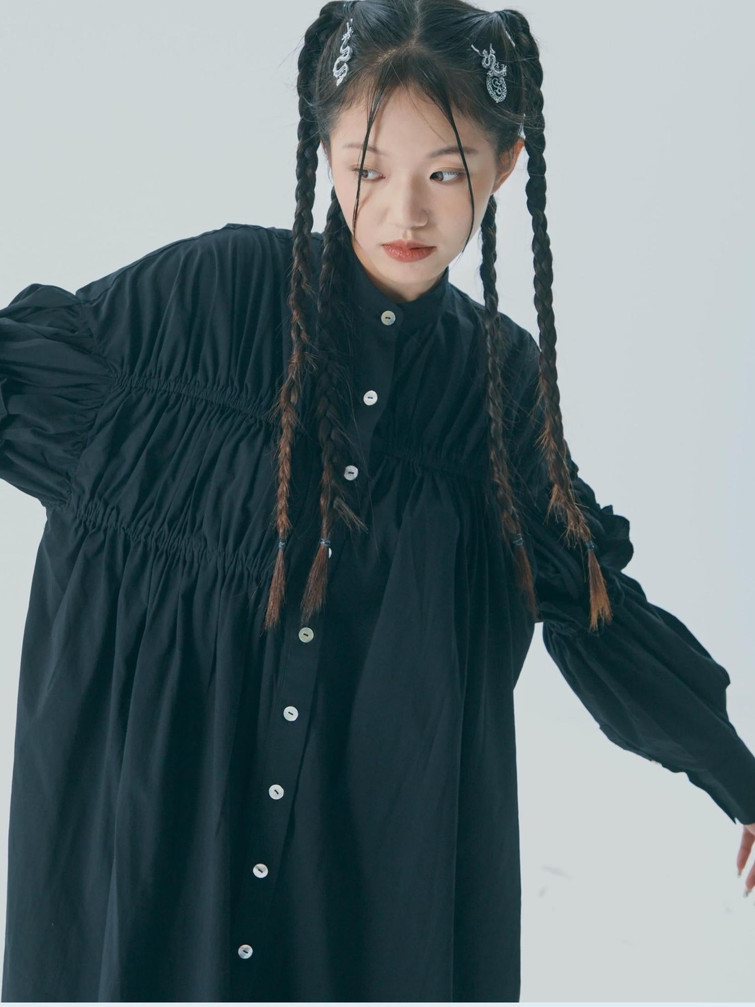 Sweet Mi Vintage Knight Pleated Linen Shirt Gown Set