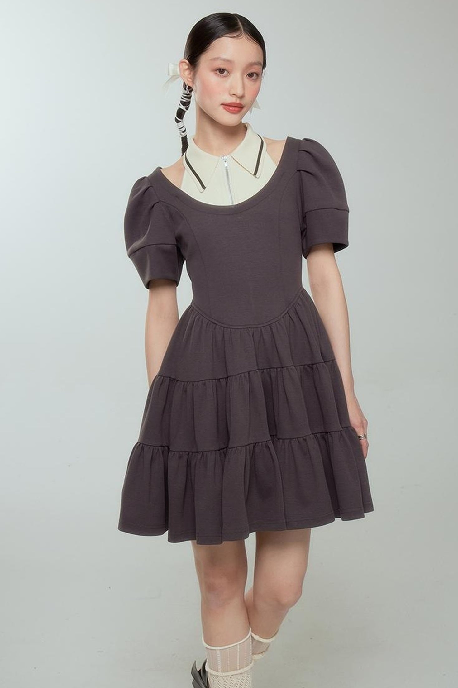 DIDDI MODA Vintage Knit Layered A Line Dress With Contrast Trim