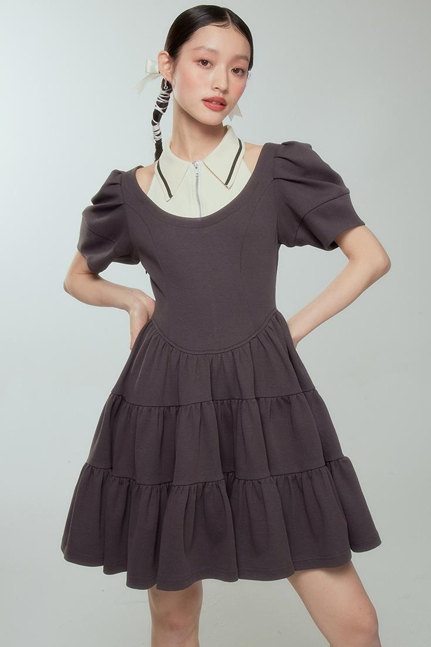 DIDDI MODA Vintage Knit Layered A Line Dress With Contrast Trim