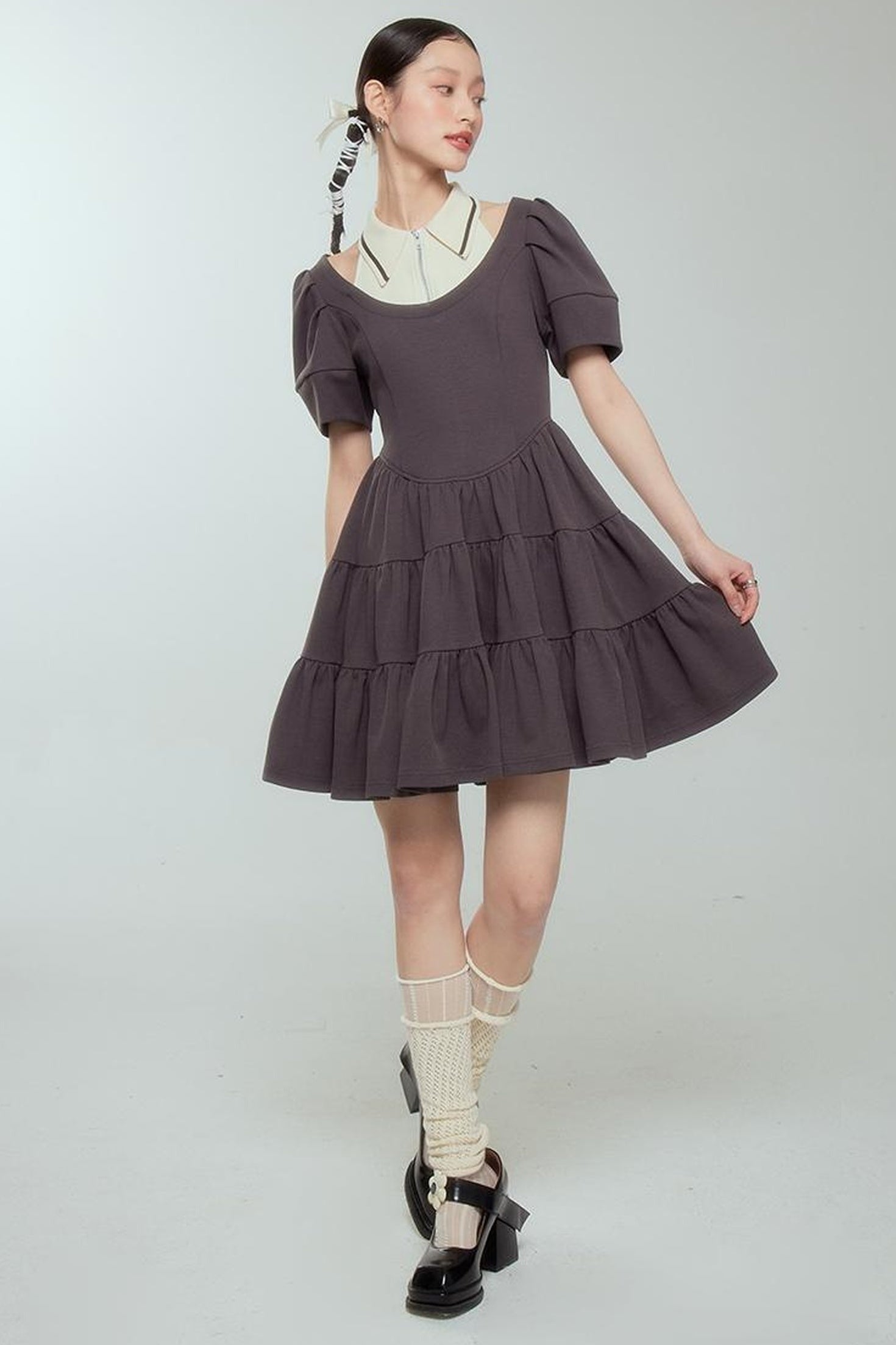 DIDDI MODA Vintage Knit Layered A Line Dress With Contrast Trim