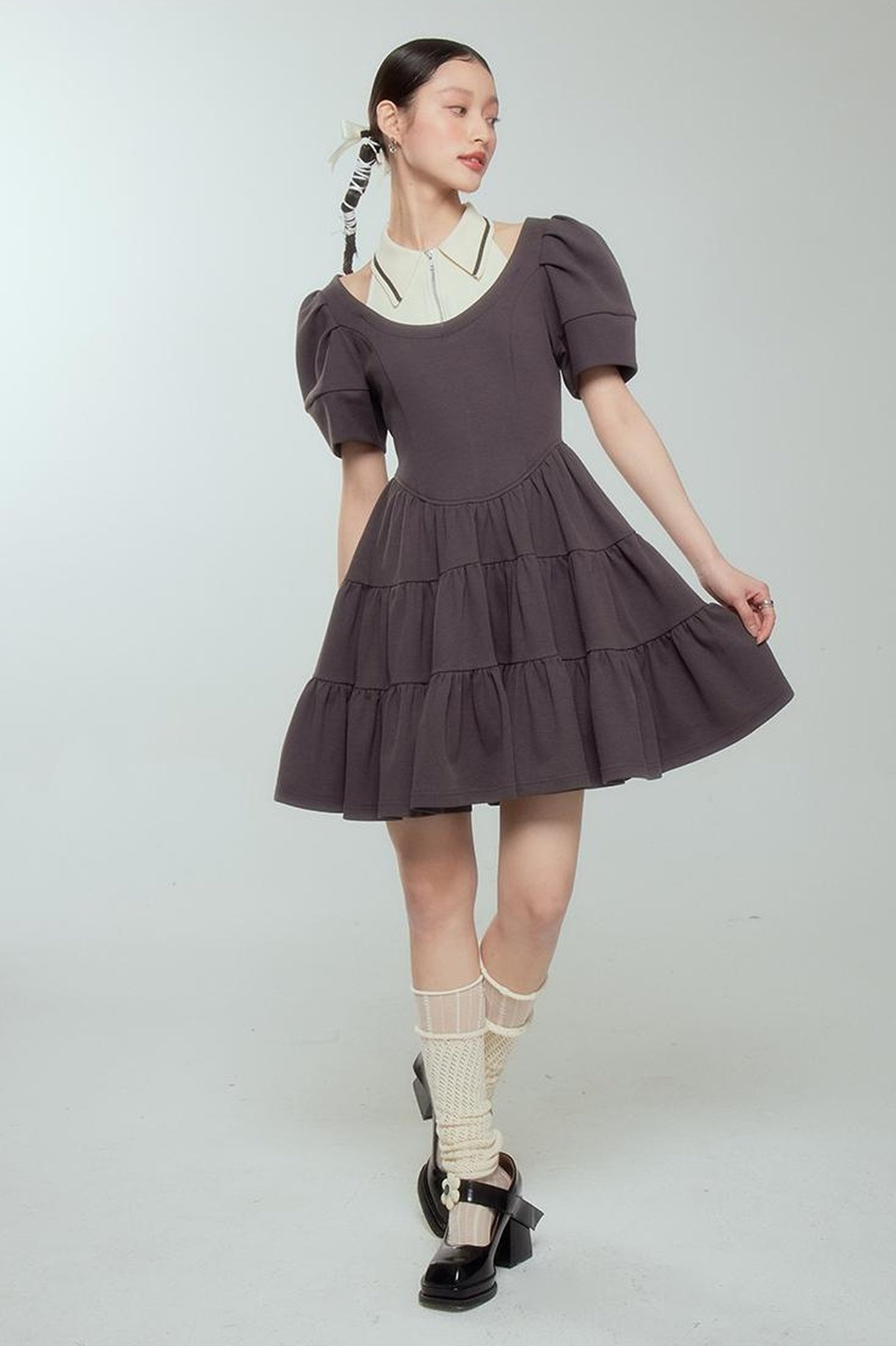 DIDDI MODA Vintage Knit Layered A Line Dress With Contrast Trim