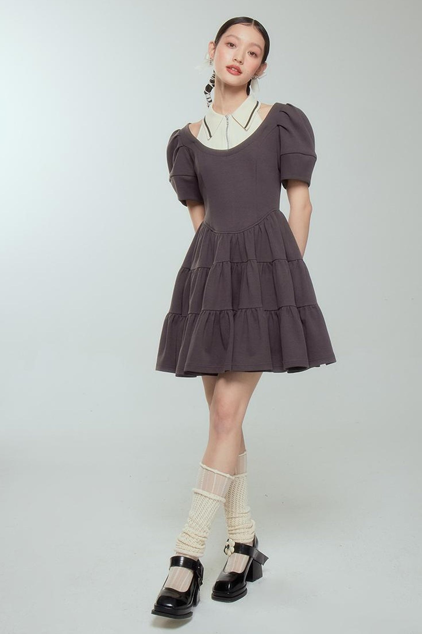 DIDDI MODA Vintage Knit Layered A Line Dress With Contrast Trim