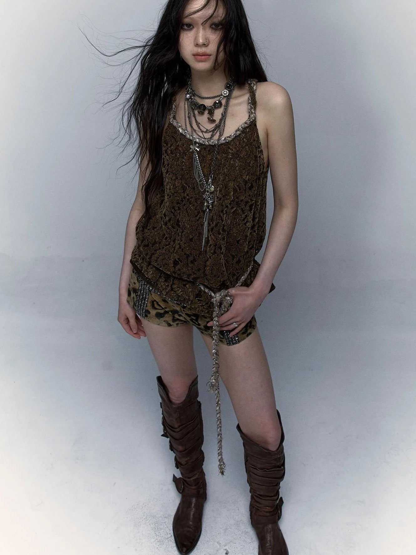 Vintage Lace-Up Distressed Crochet Bralette Top