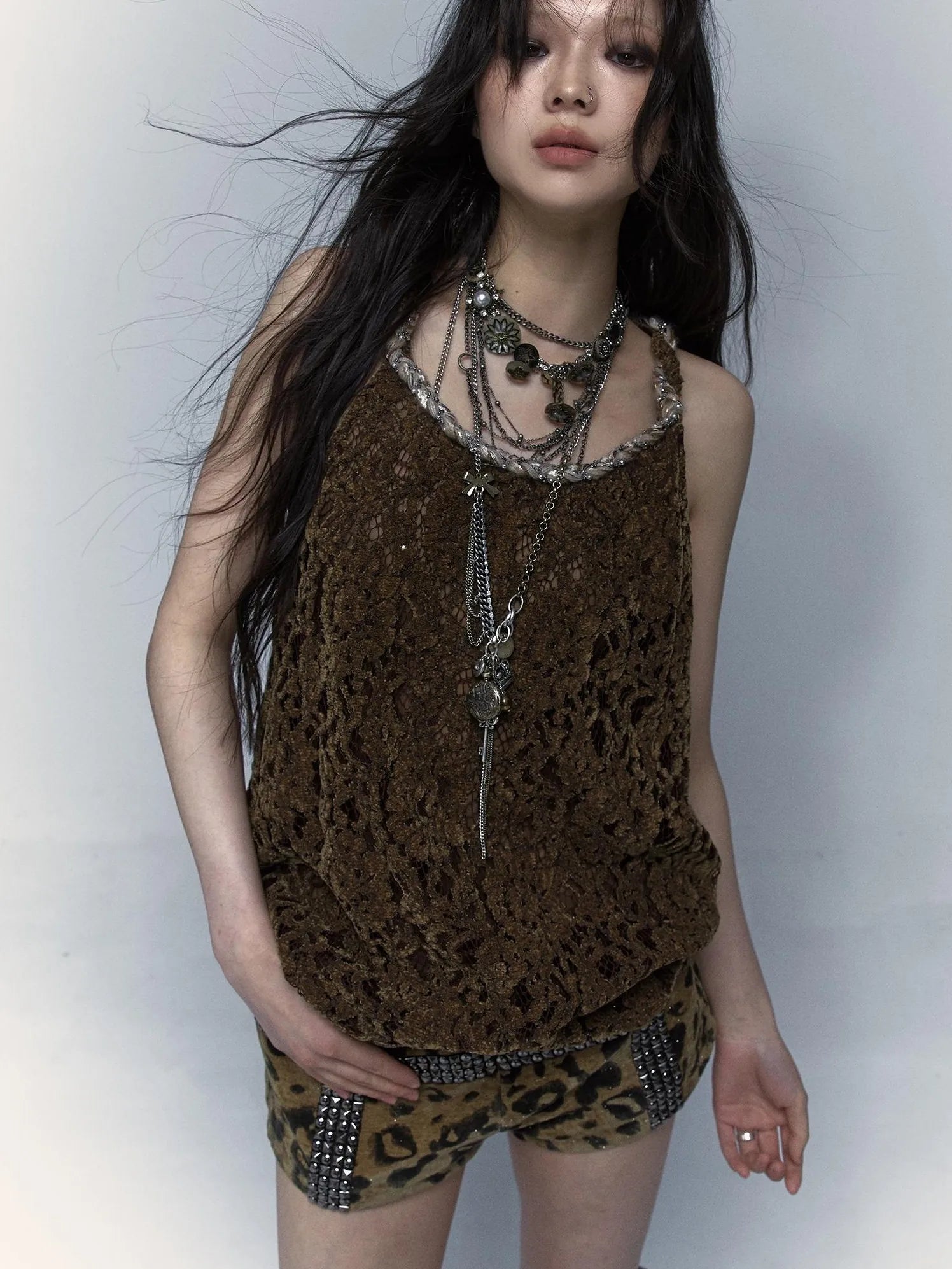 Vintage Lace-Up Distressed Crochet Bralette Top