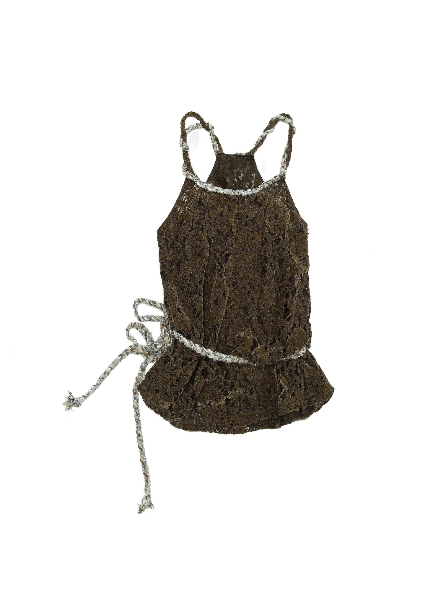 Vintage Lace-Up Distressed Crochet Bralette Top