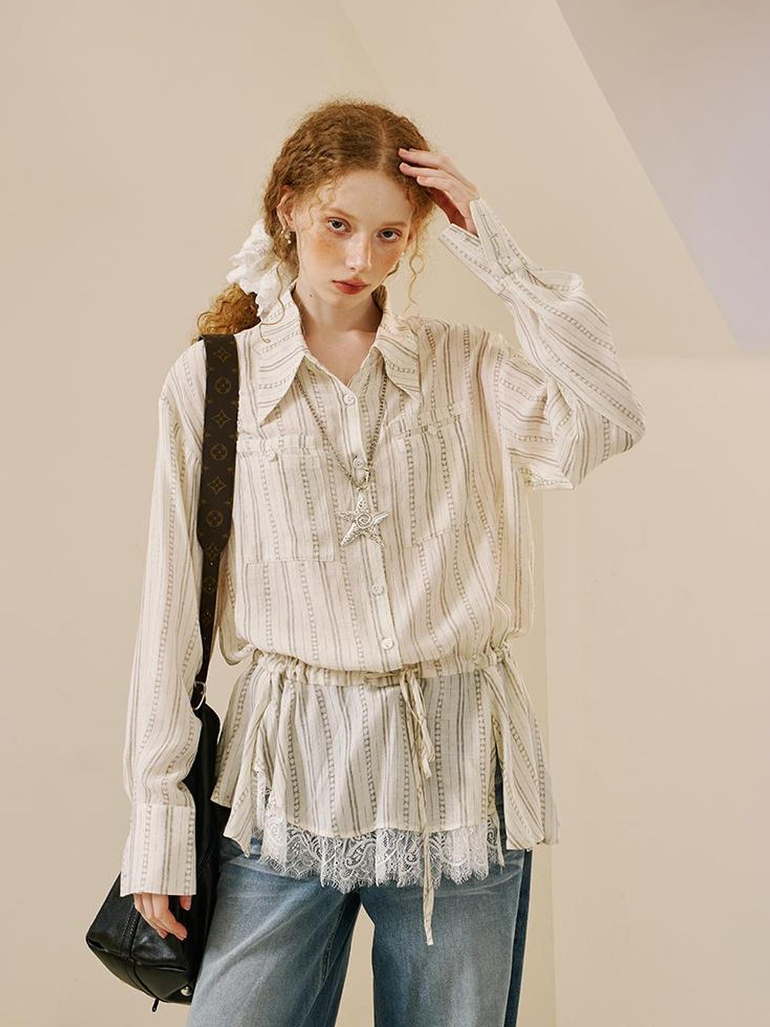 DIDDI MODA Vintage Lace Hem Drawstring Shirt Relaxed Fit