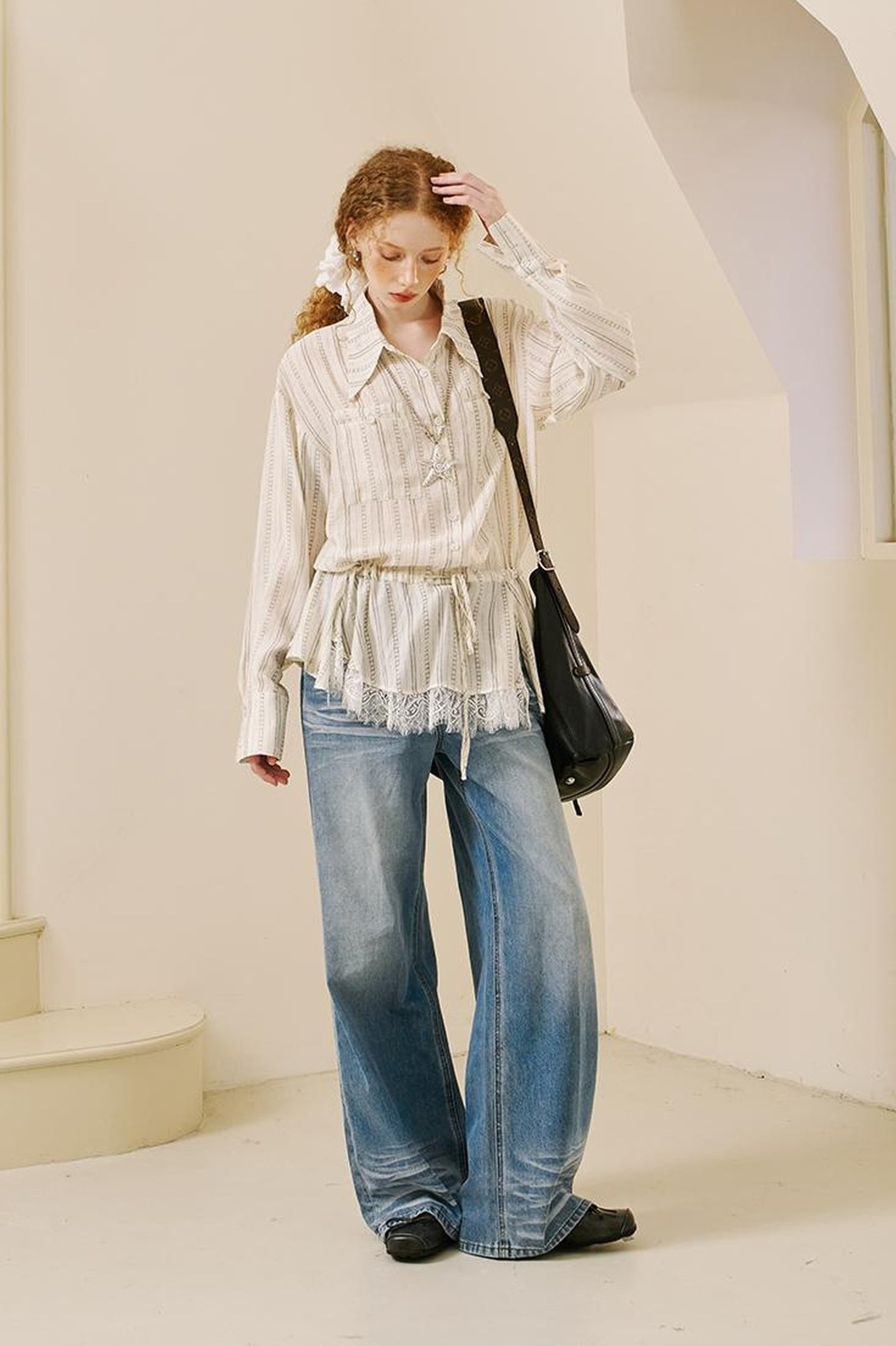 DIDDI MODA Vintage Lace Hem Drawstring Shirt Relaxed Fit