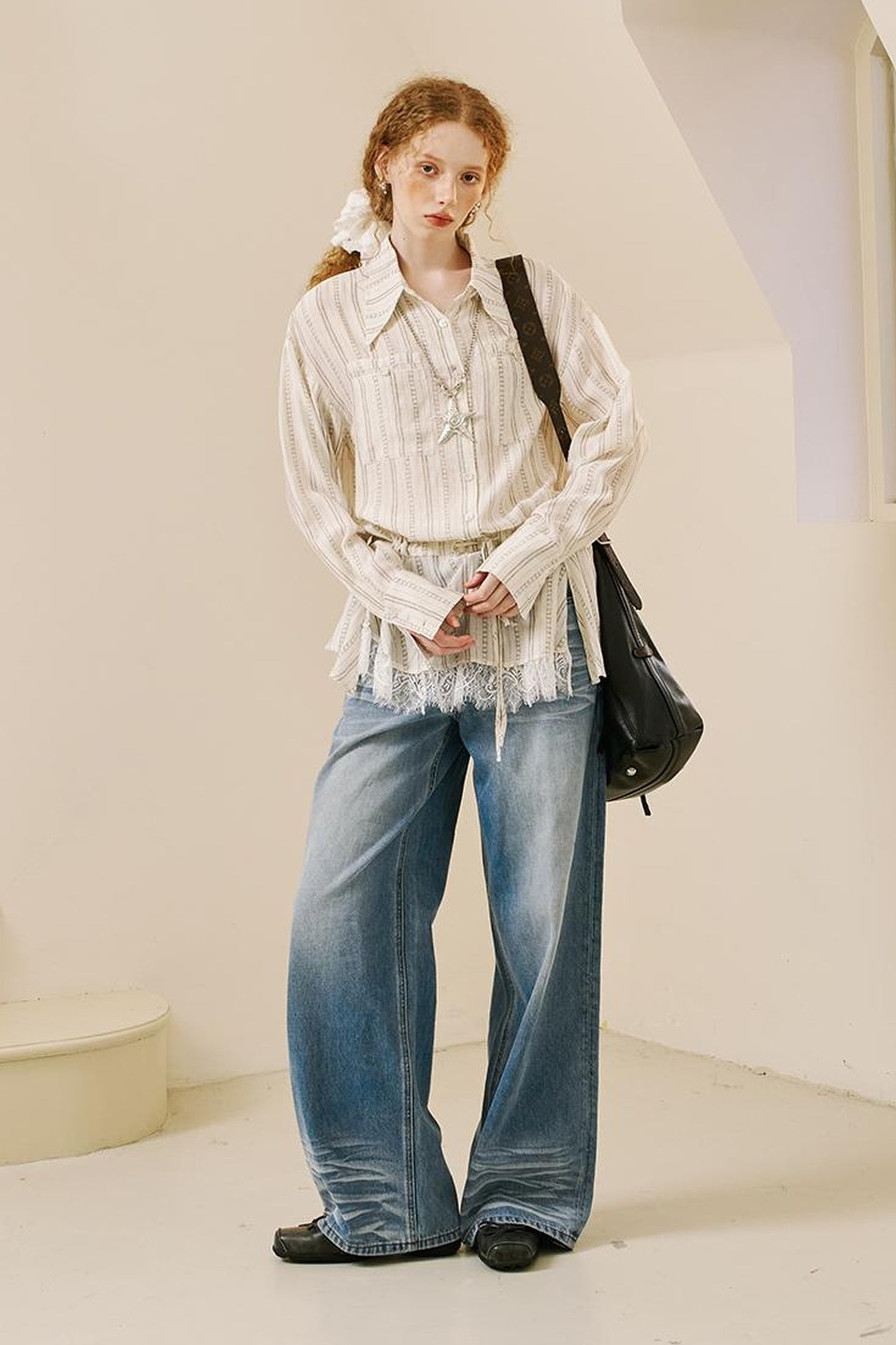 DIDDI MODA Vintage Lace Hem Drawstring Shirt Relaxed Fit