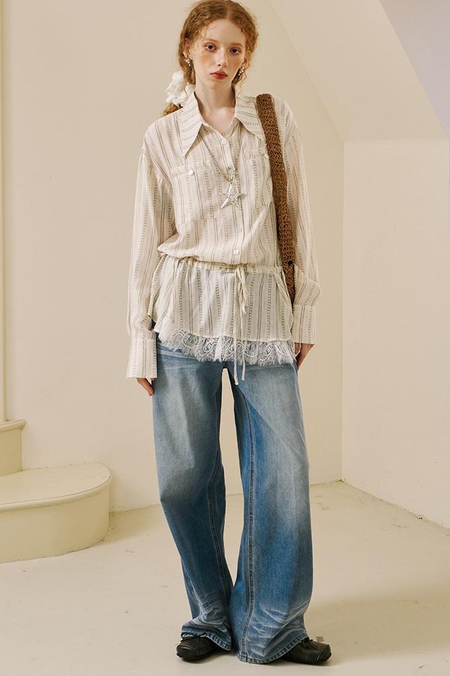 DIDDI MODA Vintage Lace Hem Drawstring Shirt Relaxed Fit