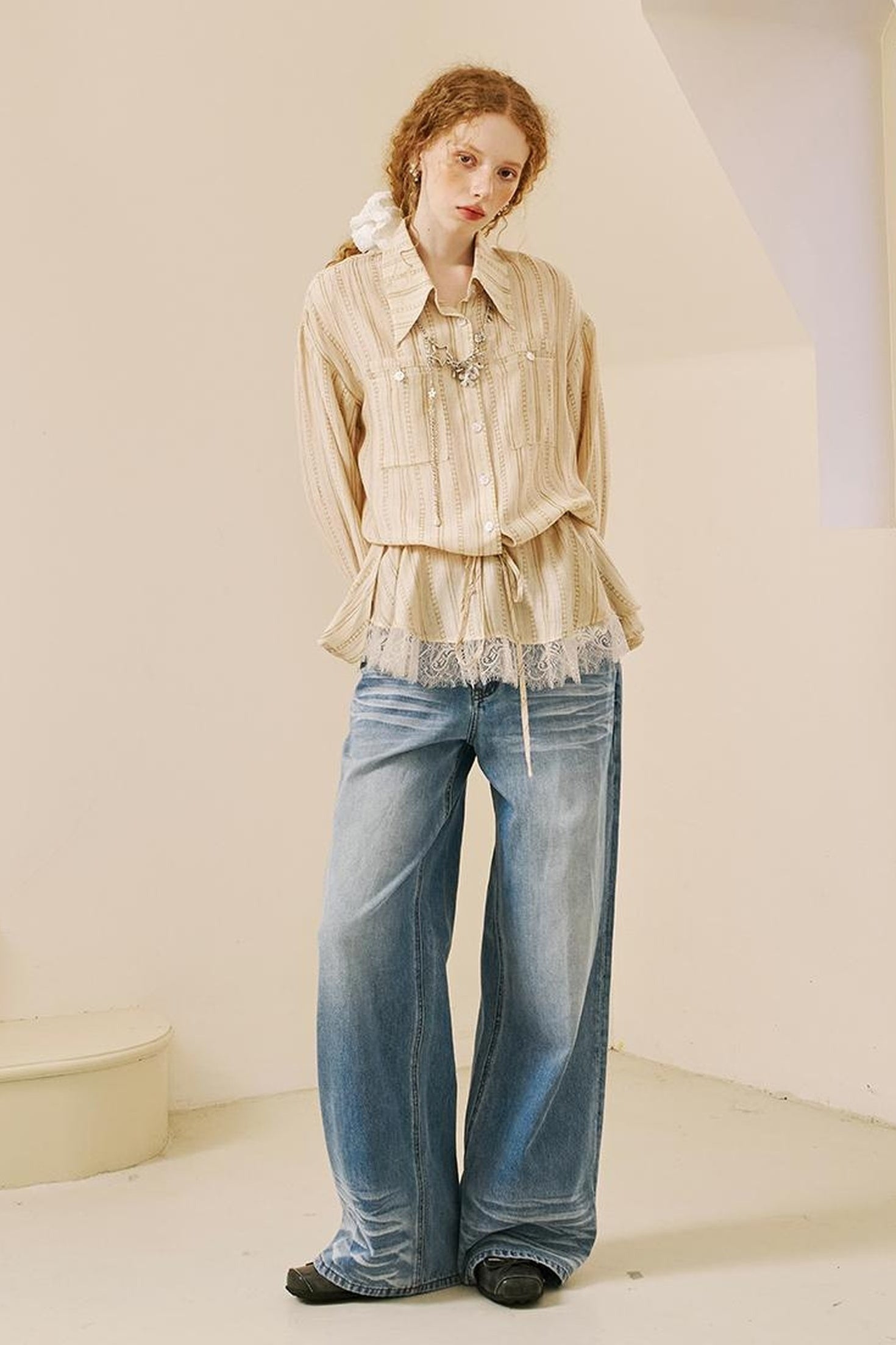 DIDDI MODA Vintage Lace Hem Drawstring Shirt Relaxed Fit